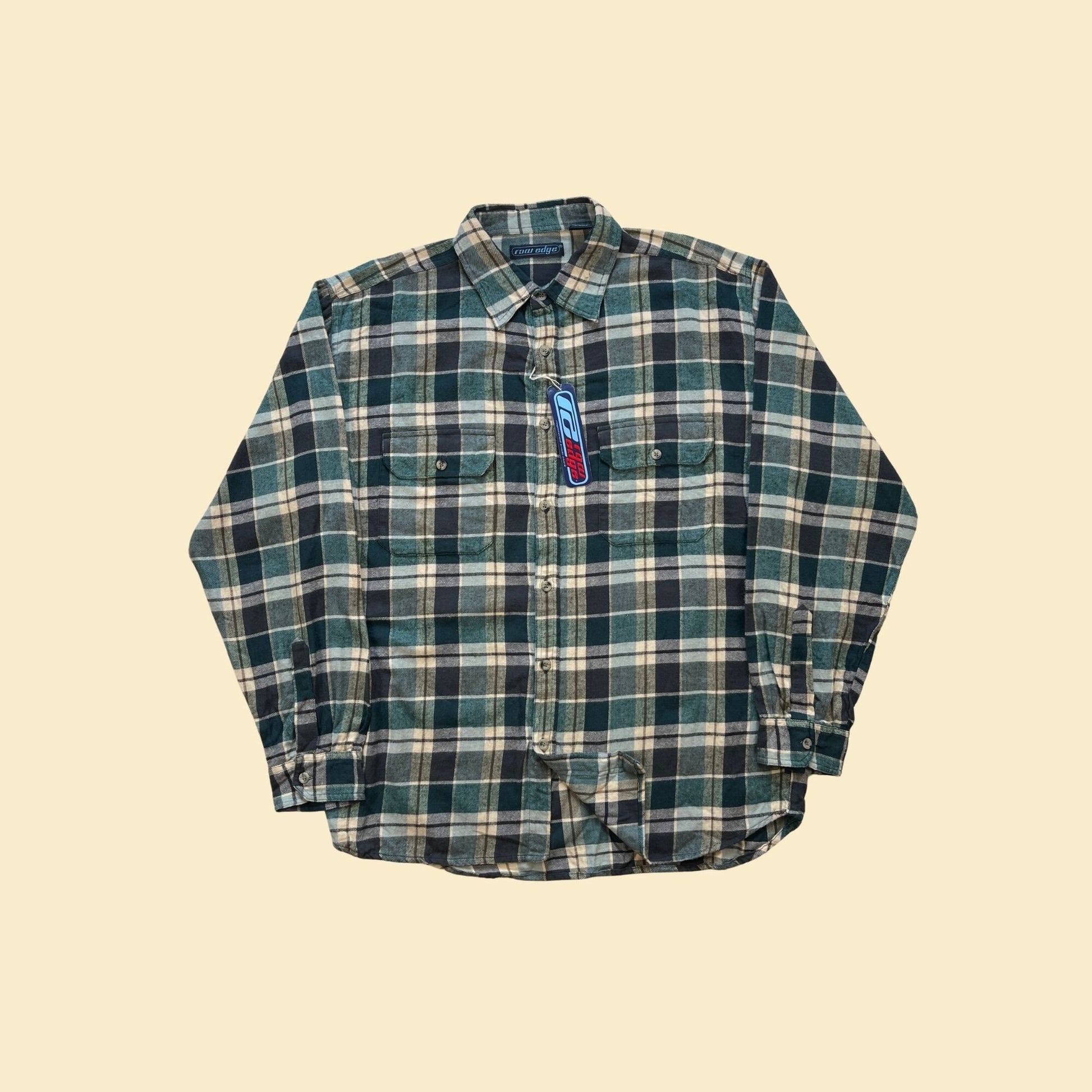 90s flannel shirt by Raw Edge, size L vintage 1990s NOS green, blue & beige plaid button down men's top