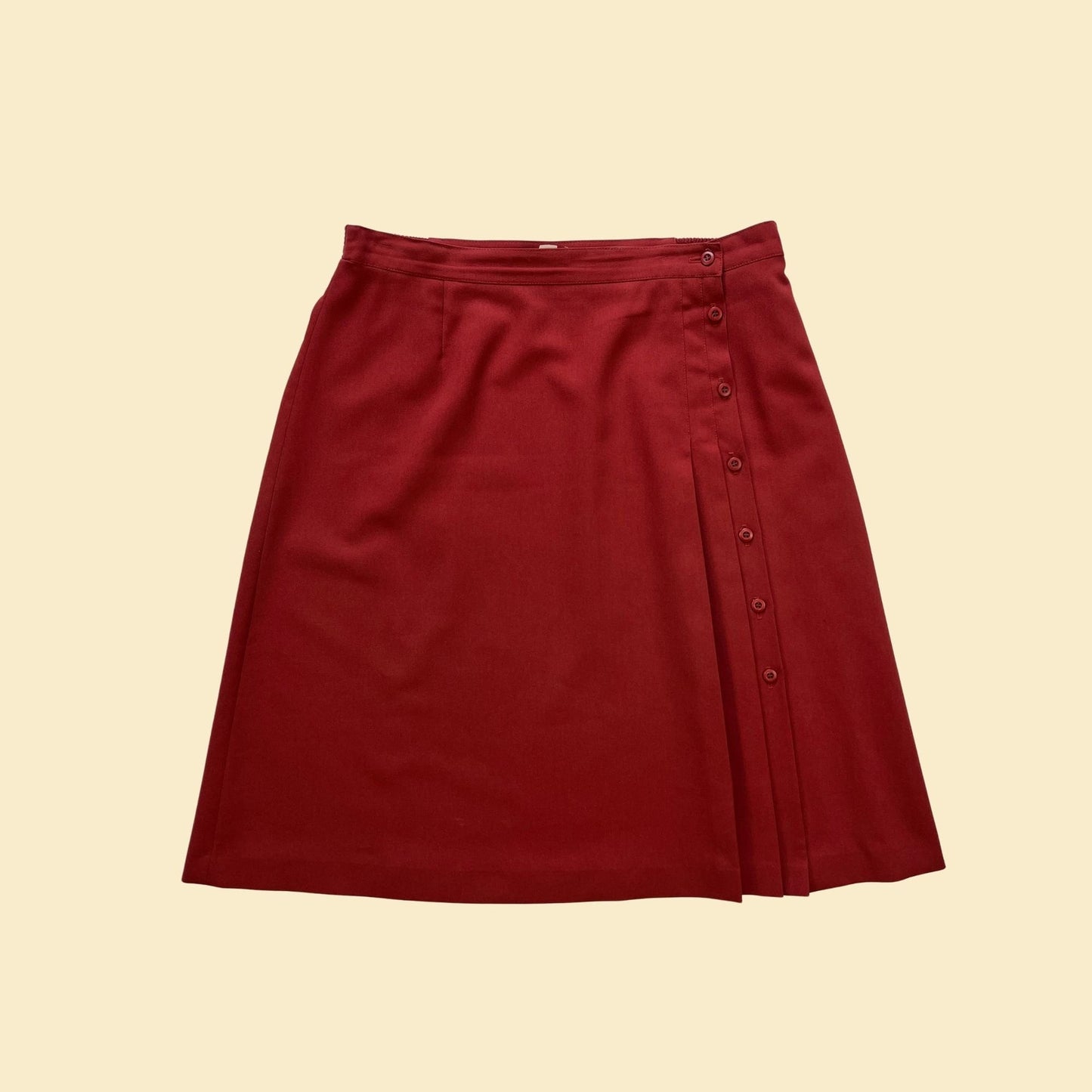 1980s burgundy/orange midi skirt by Rejoice, vintage 80s pleated button-up knee-length skirt