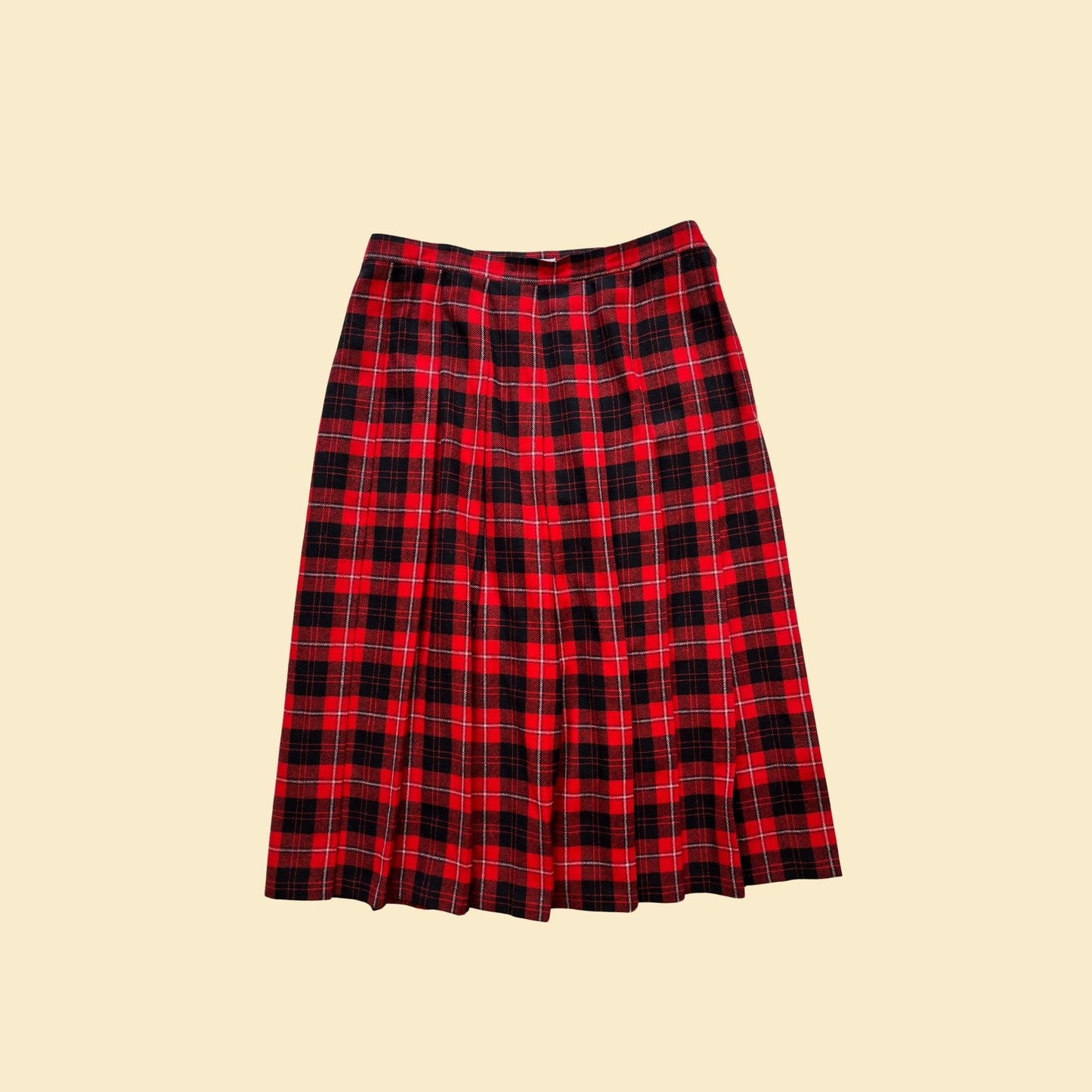 1970s Pendleton tartan skirt, size 16W wool black & red pleated midi skirt, vintage 70s knee length skirt