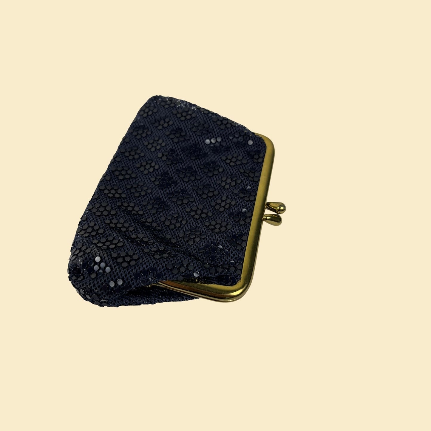 1970s blue & gold coin pouch, vintage 70s dark blue kiss lock coin purse