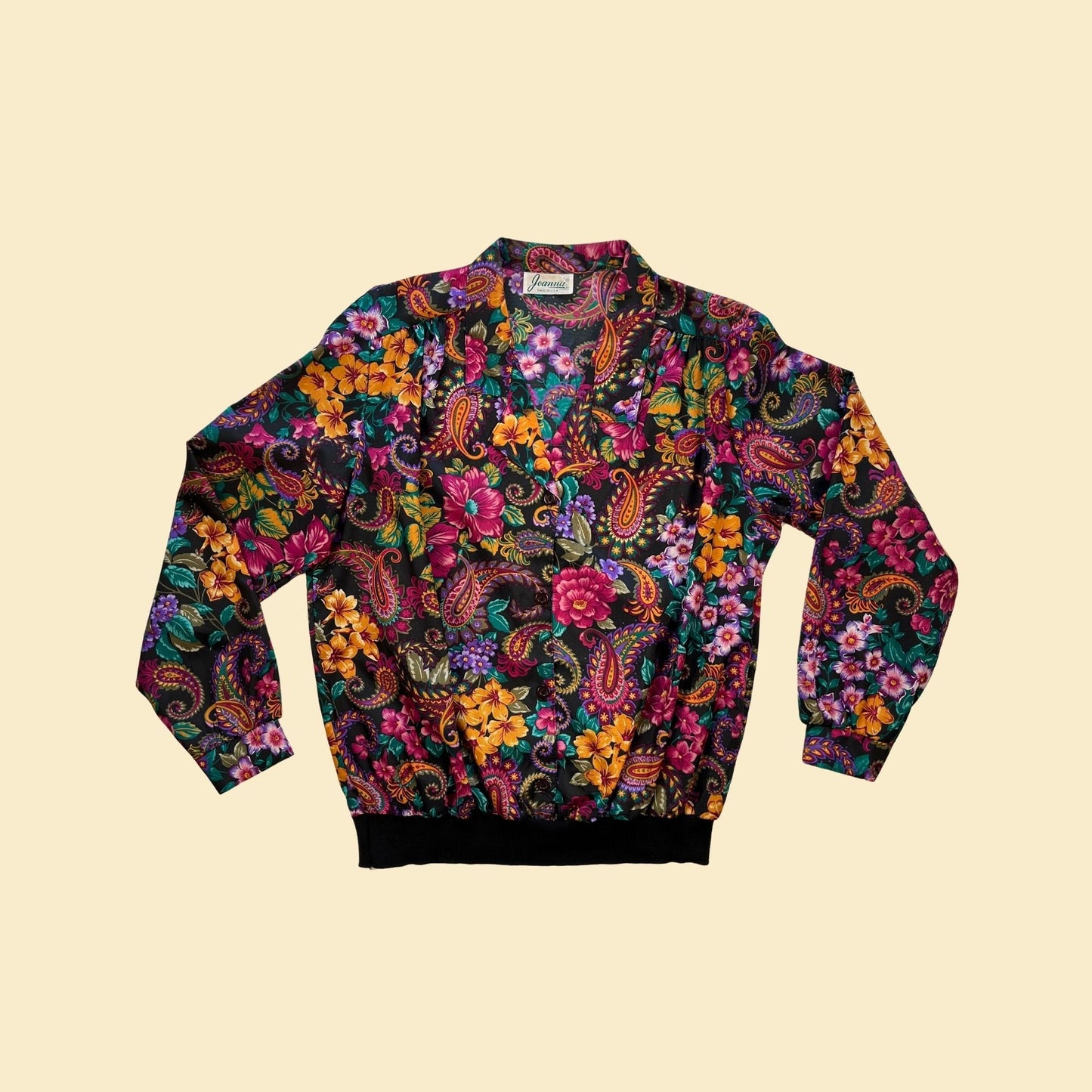 Vintage 70s/80s floral women's shirt by Joanna, 1970s black & pink casual women's blouse with black knit trim