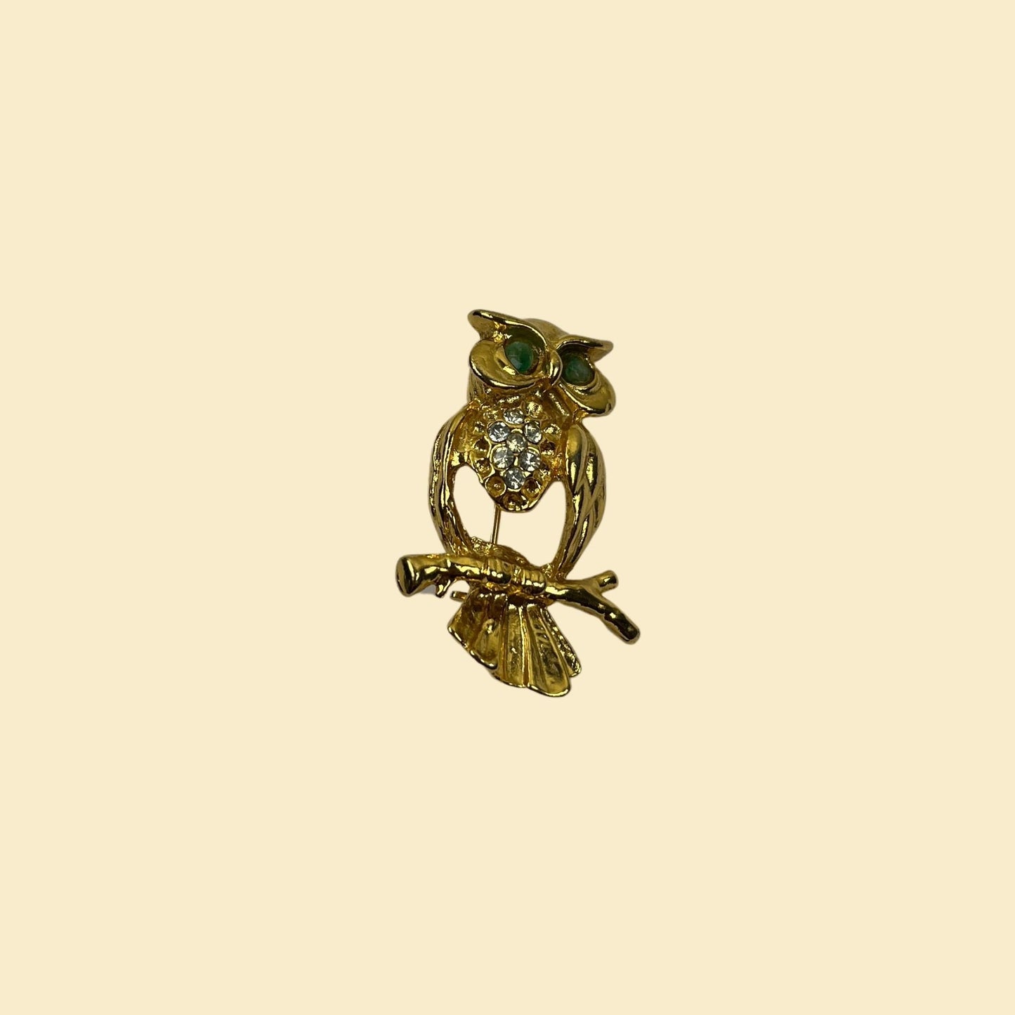 70s gold-toned owl brooch, vintage 1970s green & gold owl pin w/ rhinestones