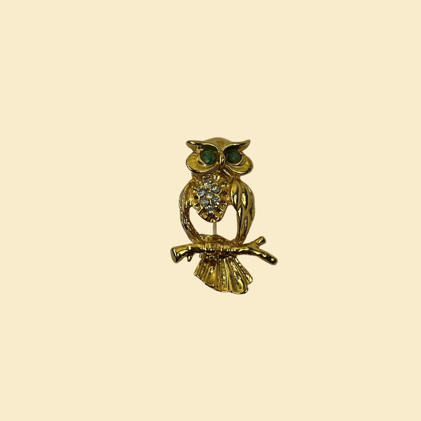 70s gold-toned owl brooch, vintage 1970s green & gold owl pin w/ rhinestones