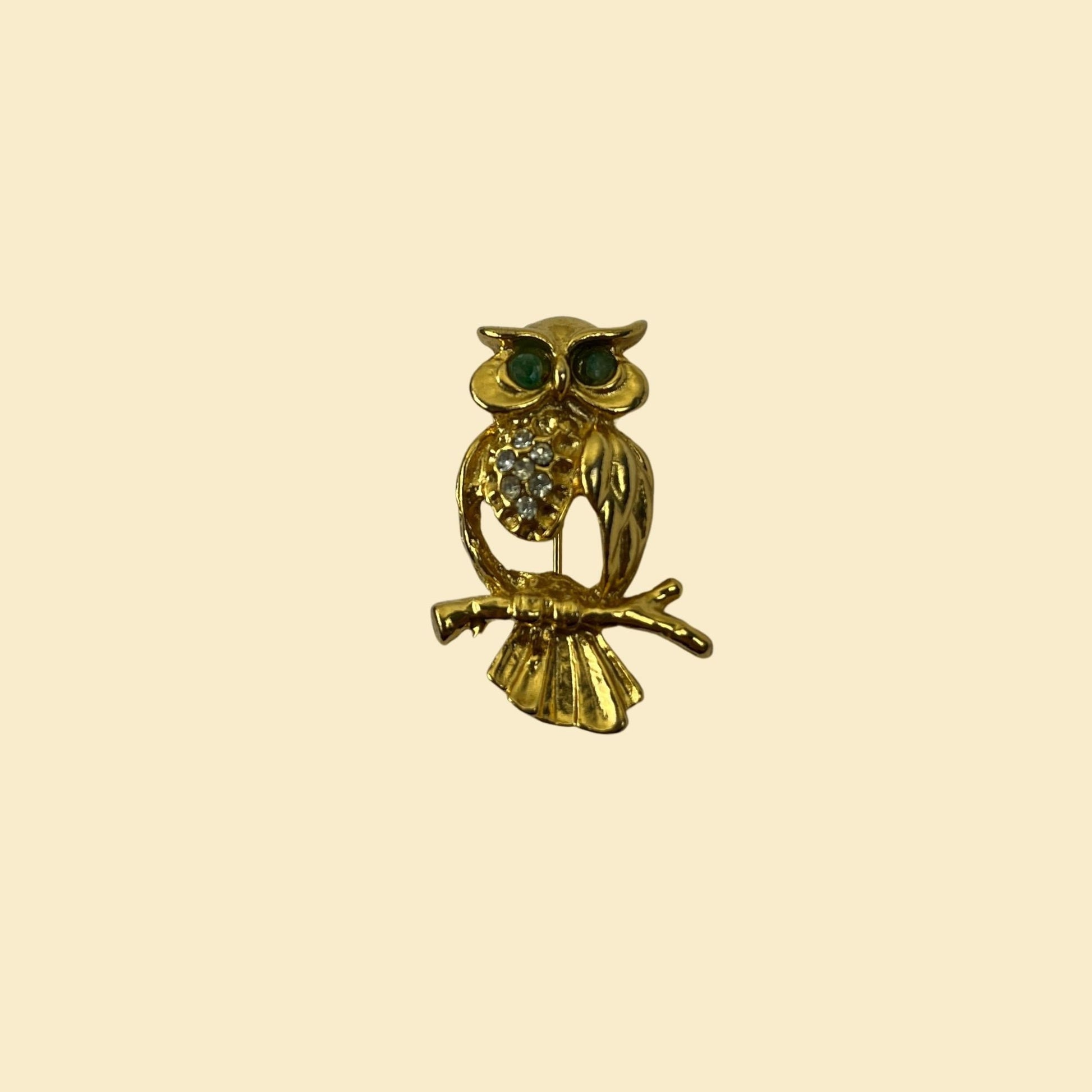 70s gold-toned owl brooch, vintage 1970s green & gold owl pin w/ rhinestones