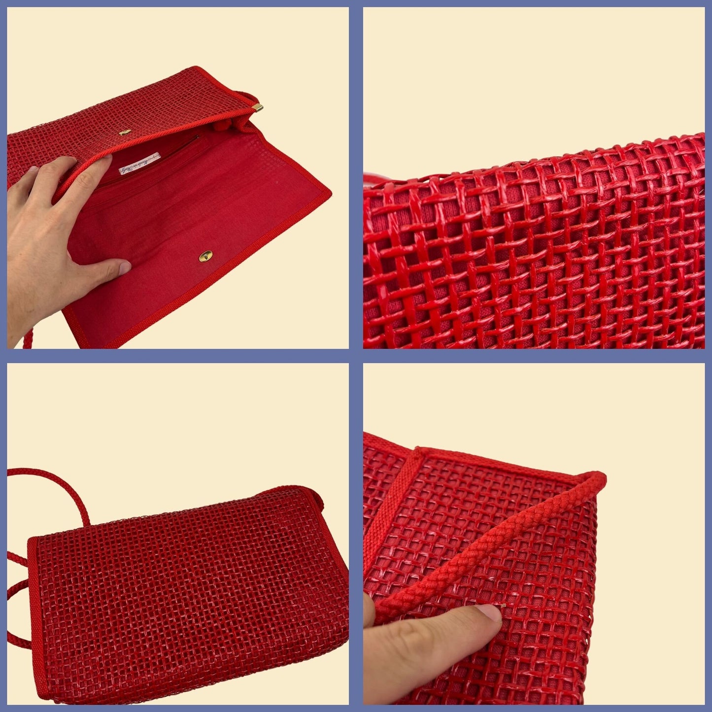 1970s red mesh handbag, Italian-made vintage 70s red shoulder envelope bag w/ silicon window-pane pattern