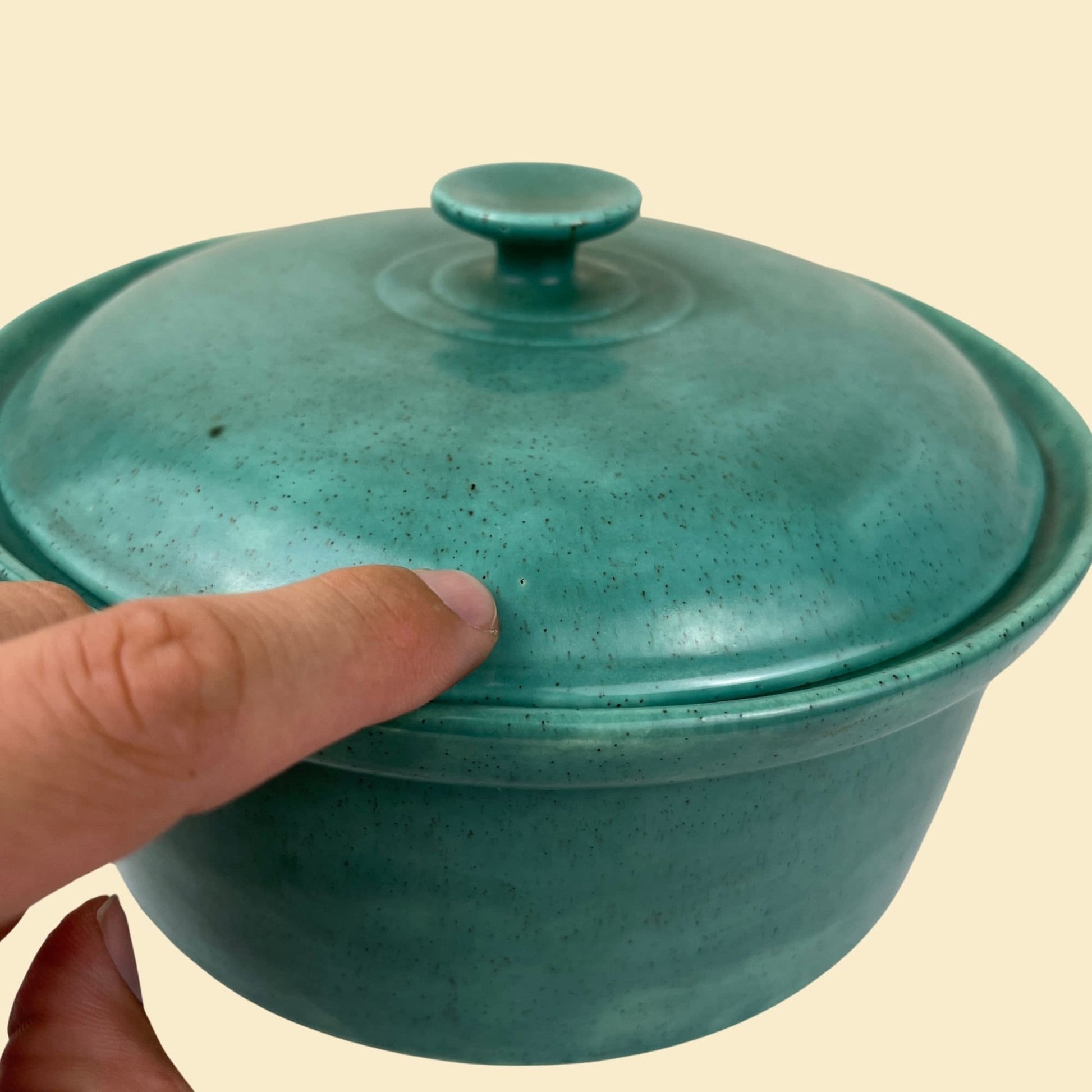 1970s ceramic casserole dish, vintage teal blue/green 'Eolo 70' lidded pot