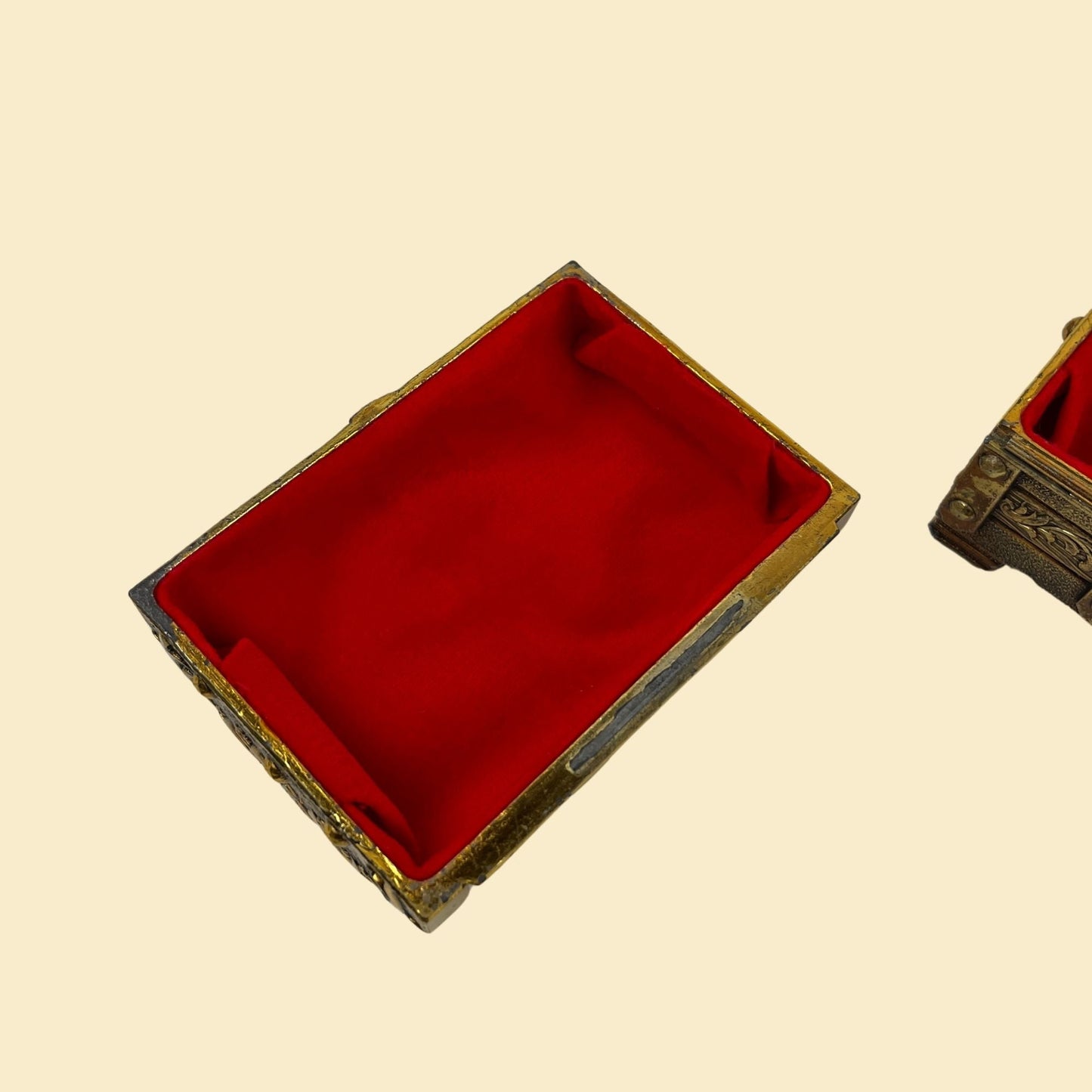 Vintage 60s/70s brass jewelry box, intricate brass/gold toned rectangular trinket box w/ red lining