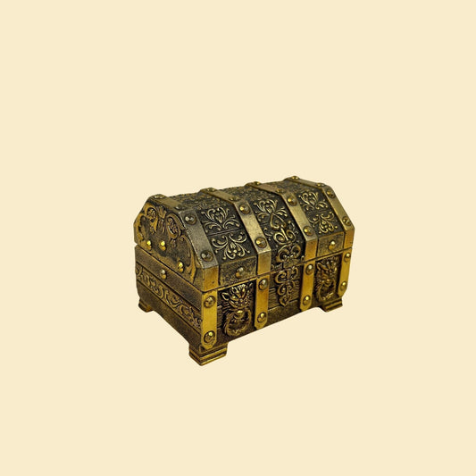Vintage 60s/70s brass jewelry box, intricate brass/gold toned rectangular trinket box w/ red lining