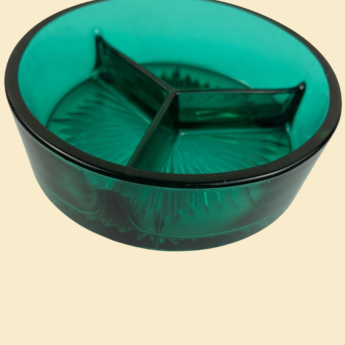 1960s divided green dish, vintage 60s emerald green 3-way glass nut/candy bowl