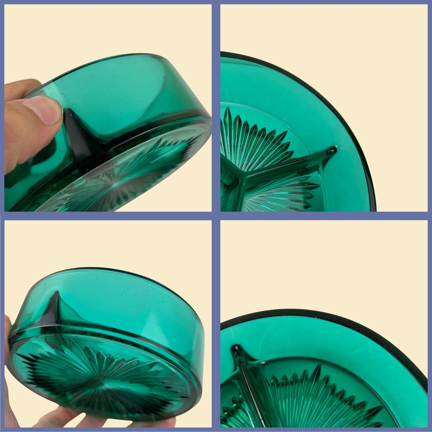 1960s divided green dish, vintage 60s emerald green 3-way glass nut/candy bowl