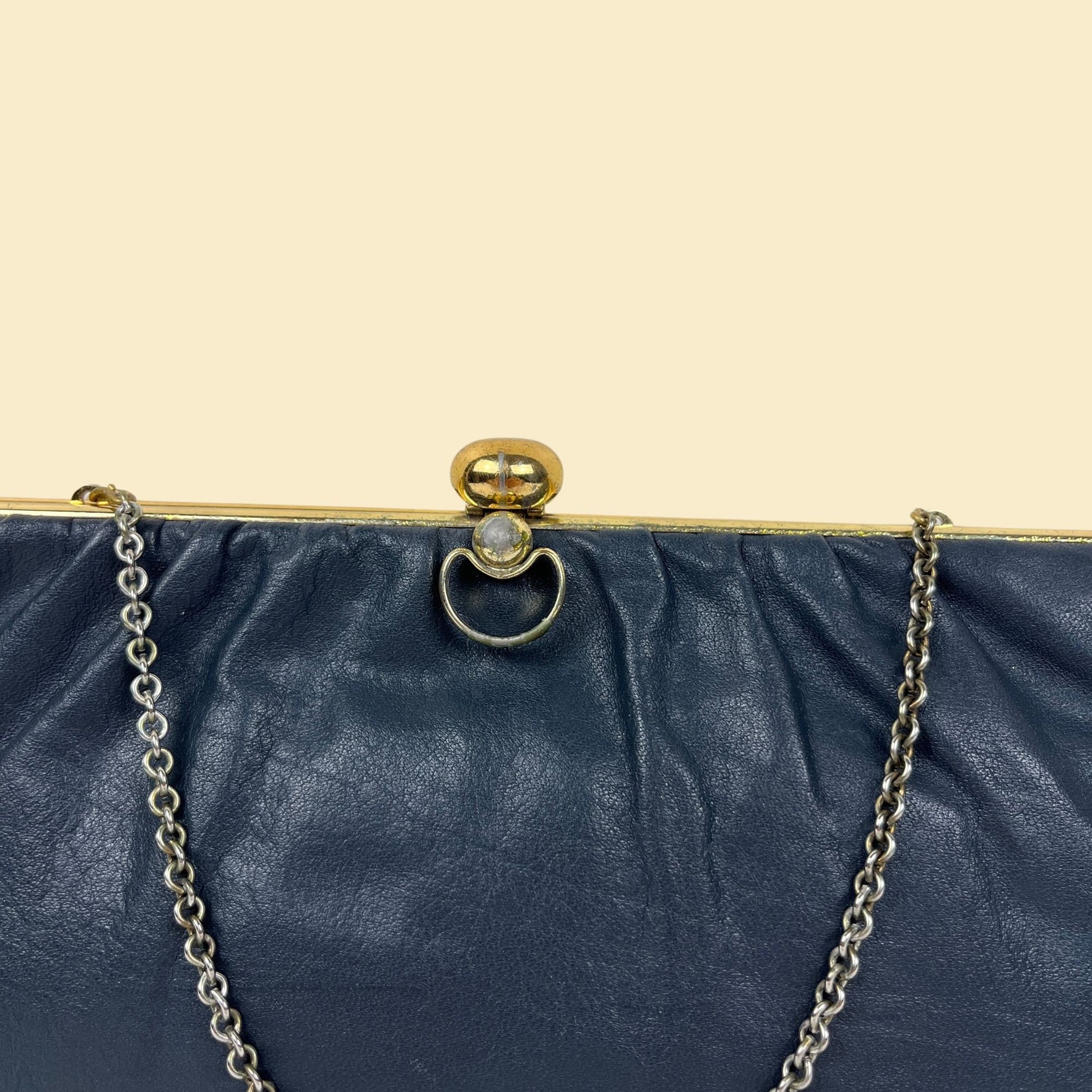 1970s blue leather handbag w/ wrist strap by Etra, vintage 70s dark blue & gold-toned clutch purse