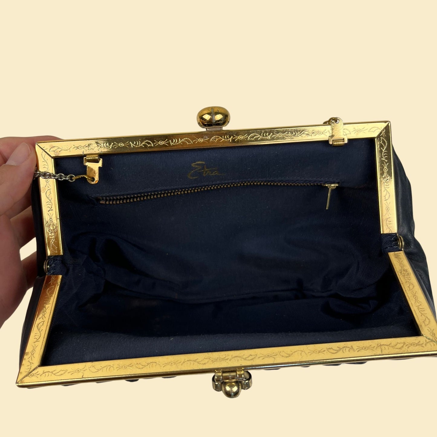 1970s blue leather handbag w/ wrist strap by Etra, vintage 70s dark blue & gold-toned clutch purse