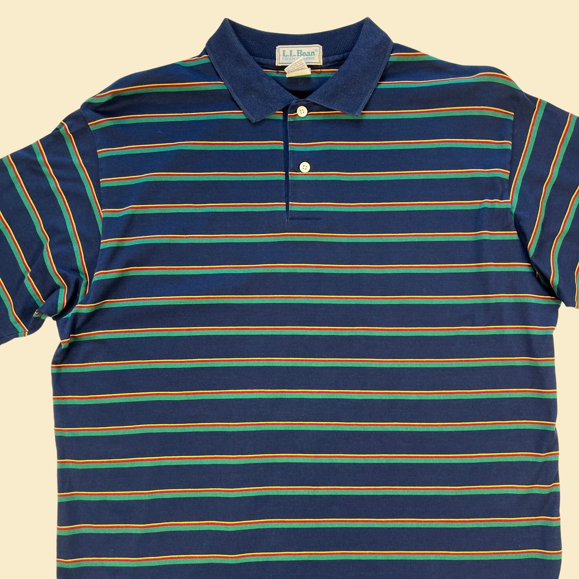 1980s L.L. Bean polo shirt, size XL vintage 80s blue, yellow, green & red striped short sleeve men's top