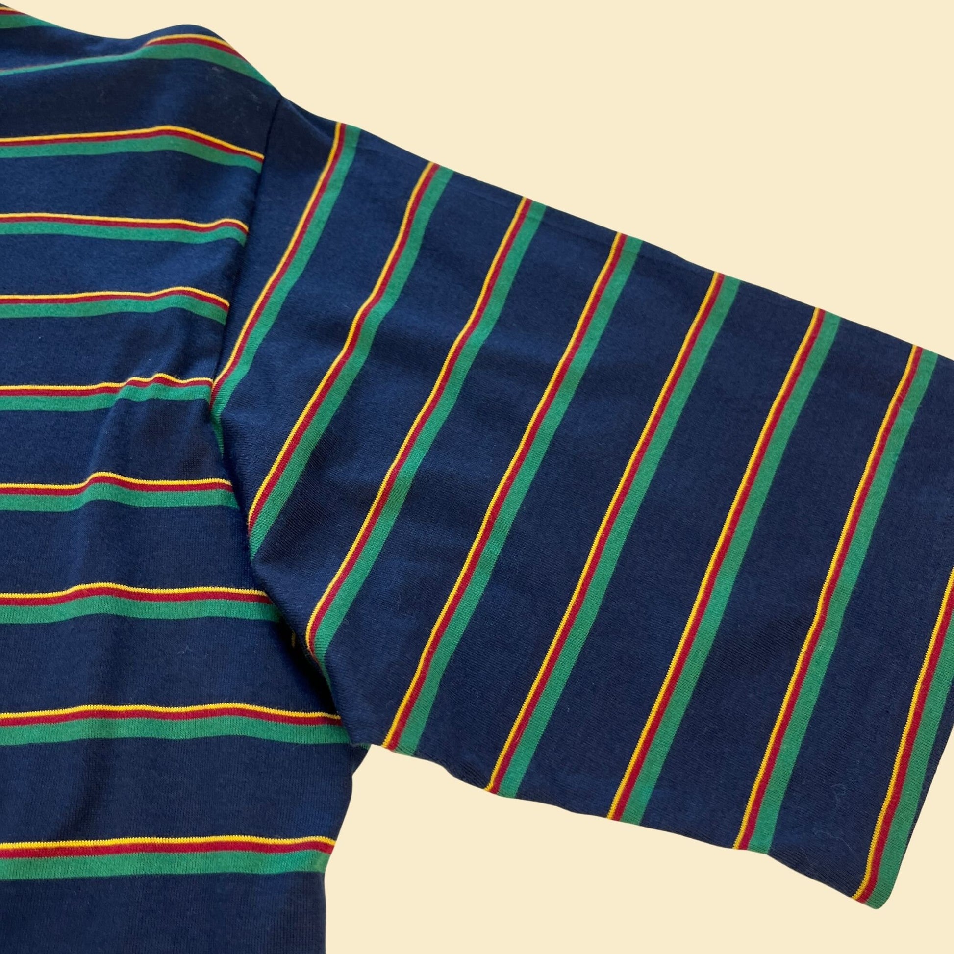 1980s L.L. Bean polo shirt, size XL vintage 80s blue, yellow, green & red striped short sleeve men's top