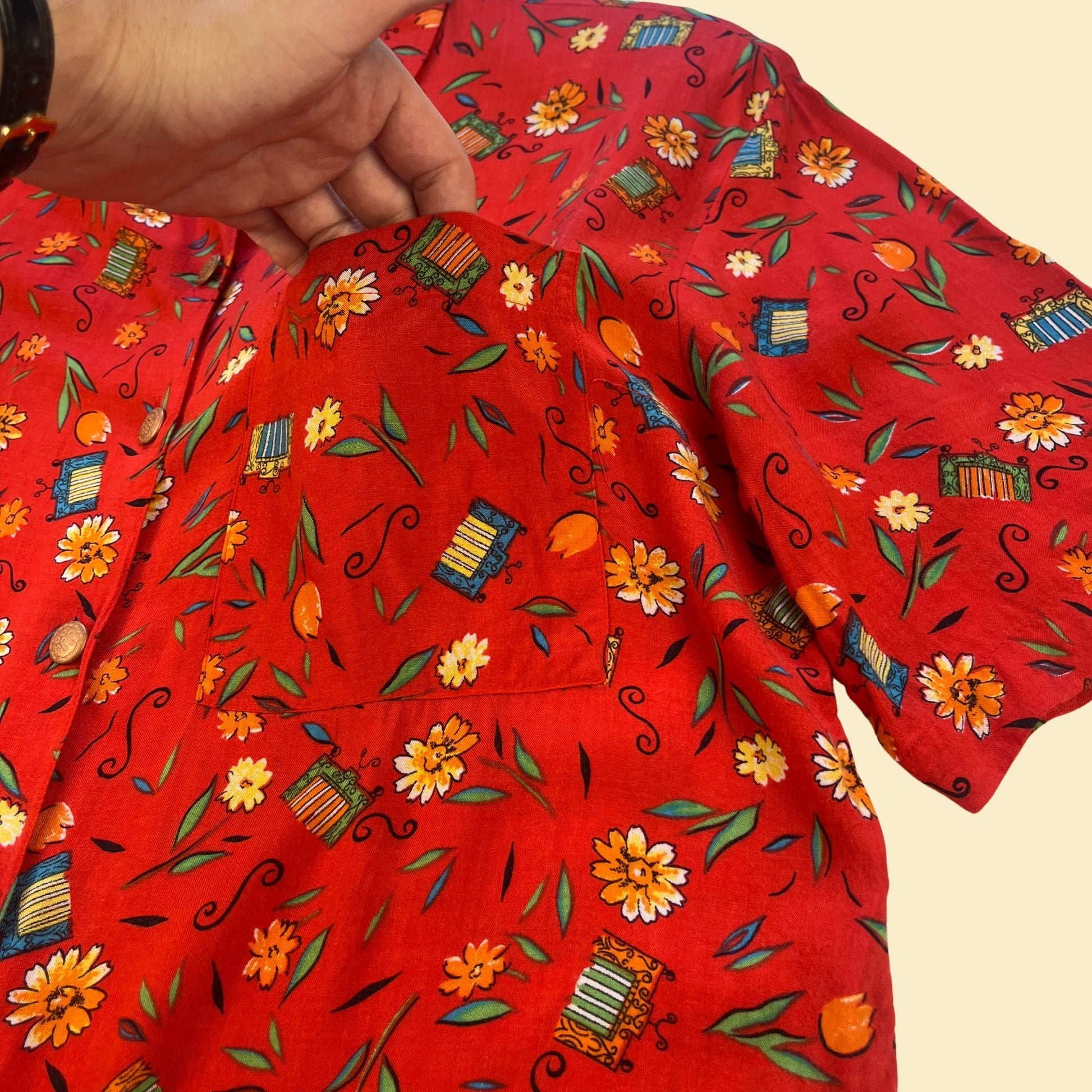 1980s red floral blouse by SK Wear, size S vintage 80s patterned blouse w/ shoulder pads