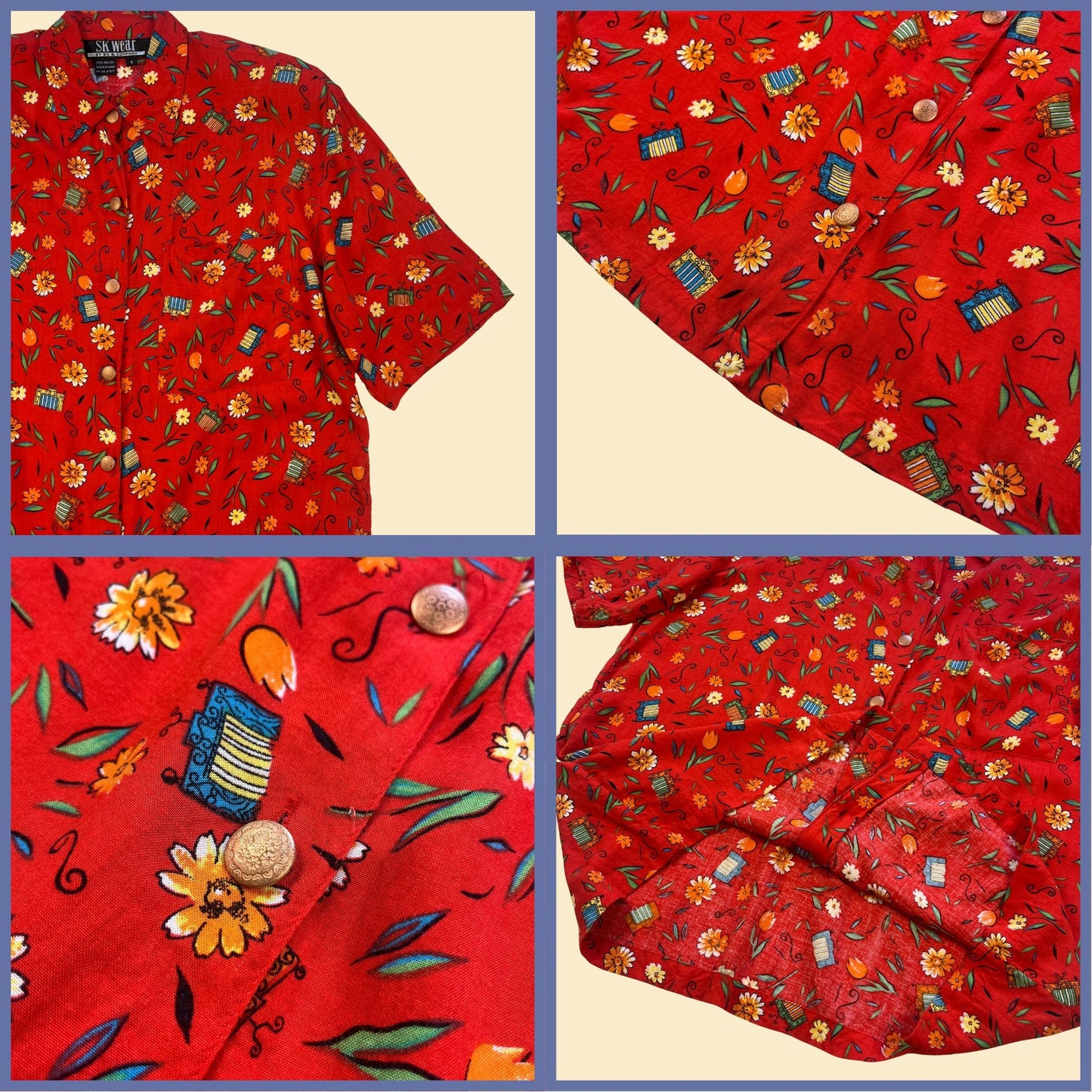 1980s red floral blouse by SK Wear, size S vintage 80s patterned blouse w/ shoulder pads