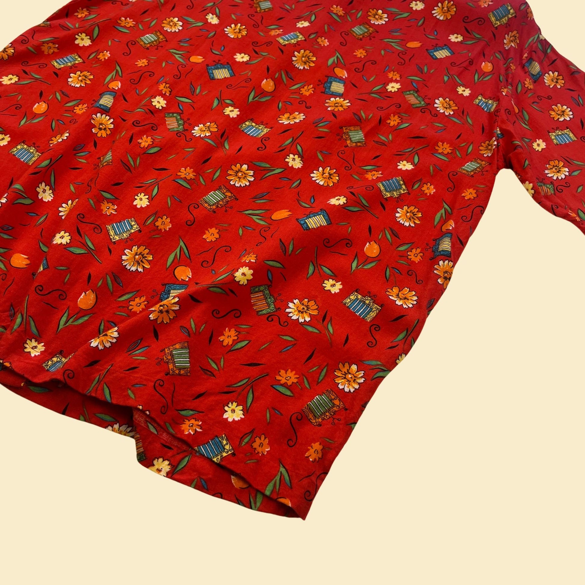 1980s red floral blouse by SK Wear, size S vintage 80s patterned blouse w/ shoulder pads