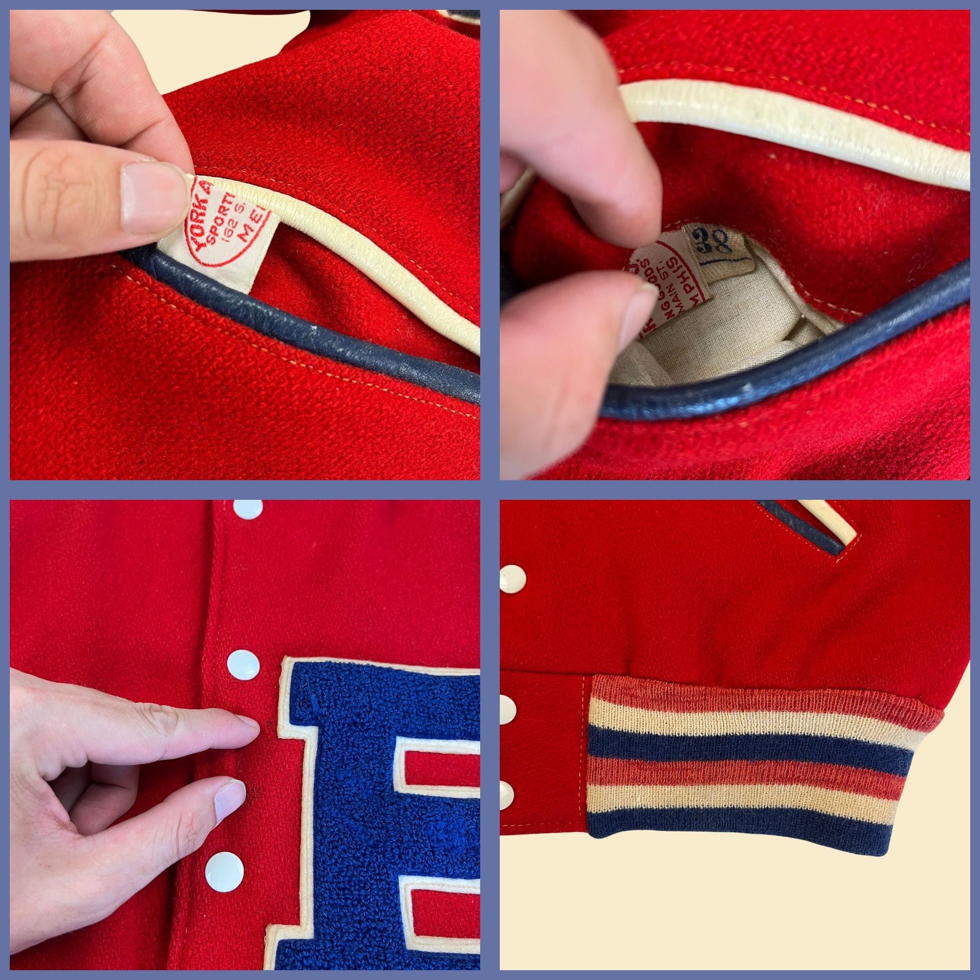 1950s letterman jacket w/ letter "B" by York Arms Co Sporting Goods, vintage 50s men's size 38 snap clasp red, white & blue jacket