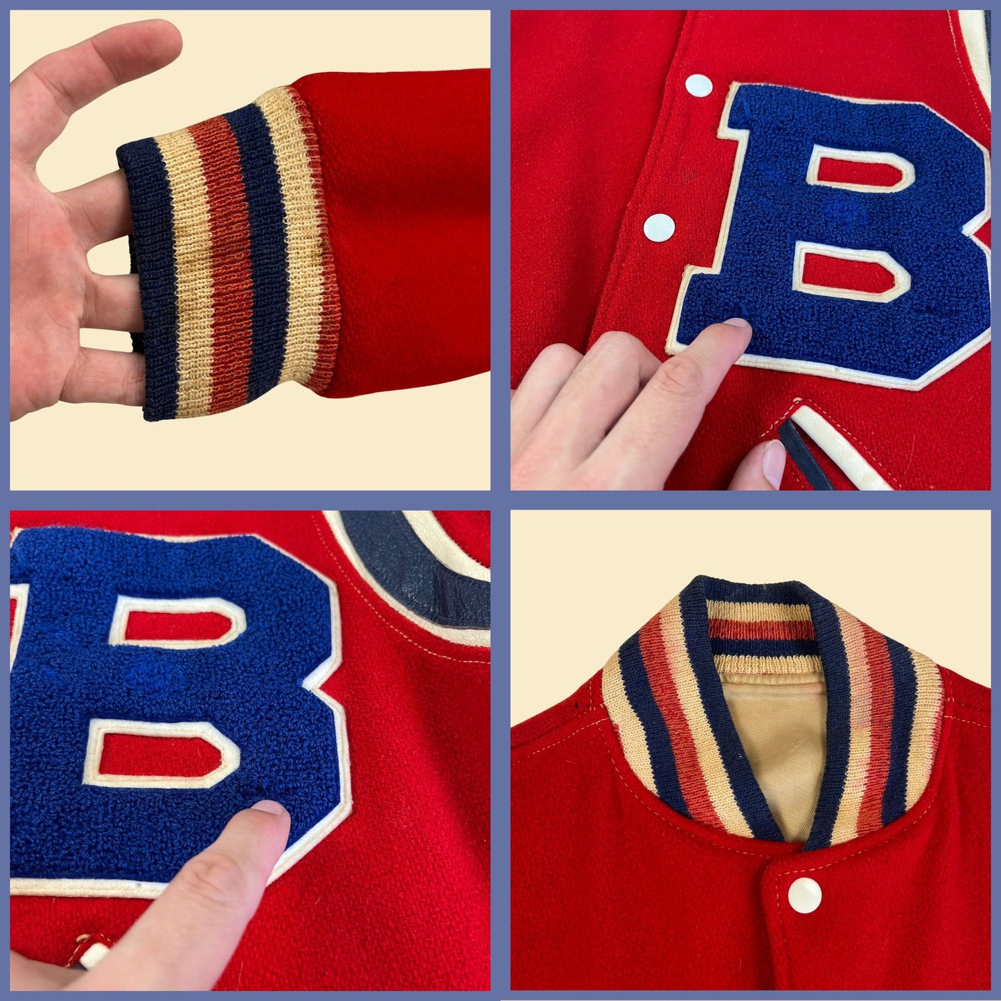 1950s letterman jacket w/ letter "B" by York Arms Co Sporting Goods, vintage 50s men's size 38 snap clasp red, white & blue jacket