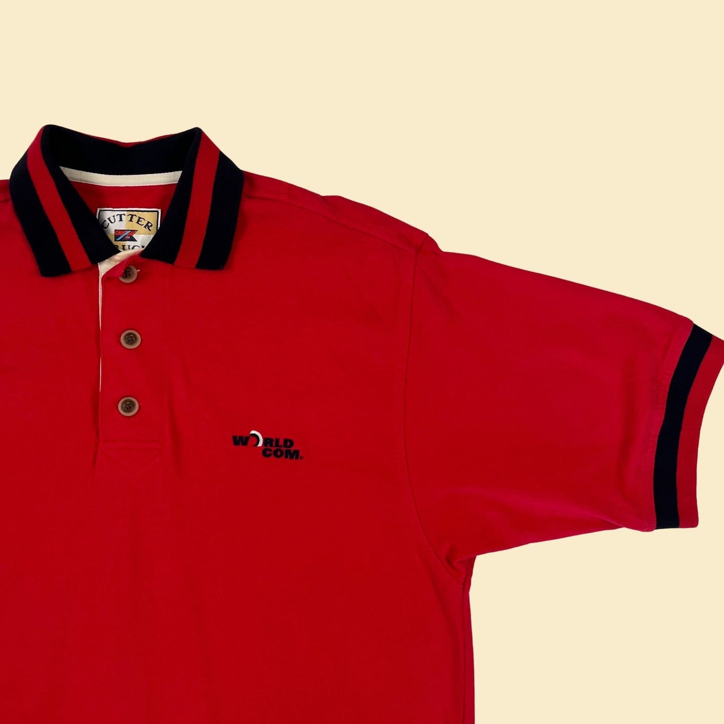 90s/Y2K WorldCom polo shirt, vintage 1990s corporate short sleeve red & blue men's size S shirt