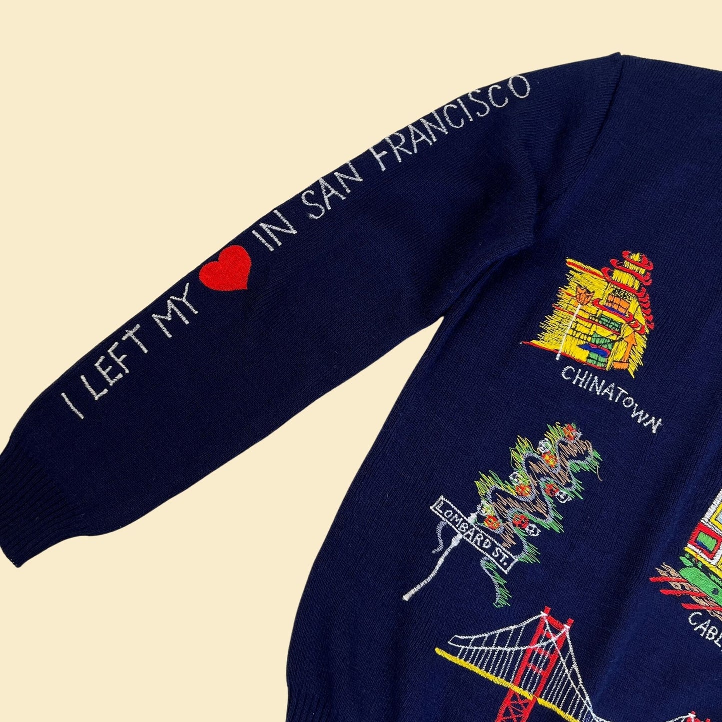 1970s San Francisco sweater, vintage 70s blue v-neck "I left my heart in SF" sweater