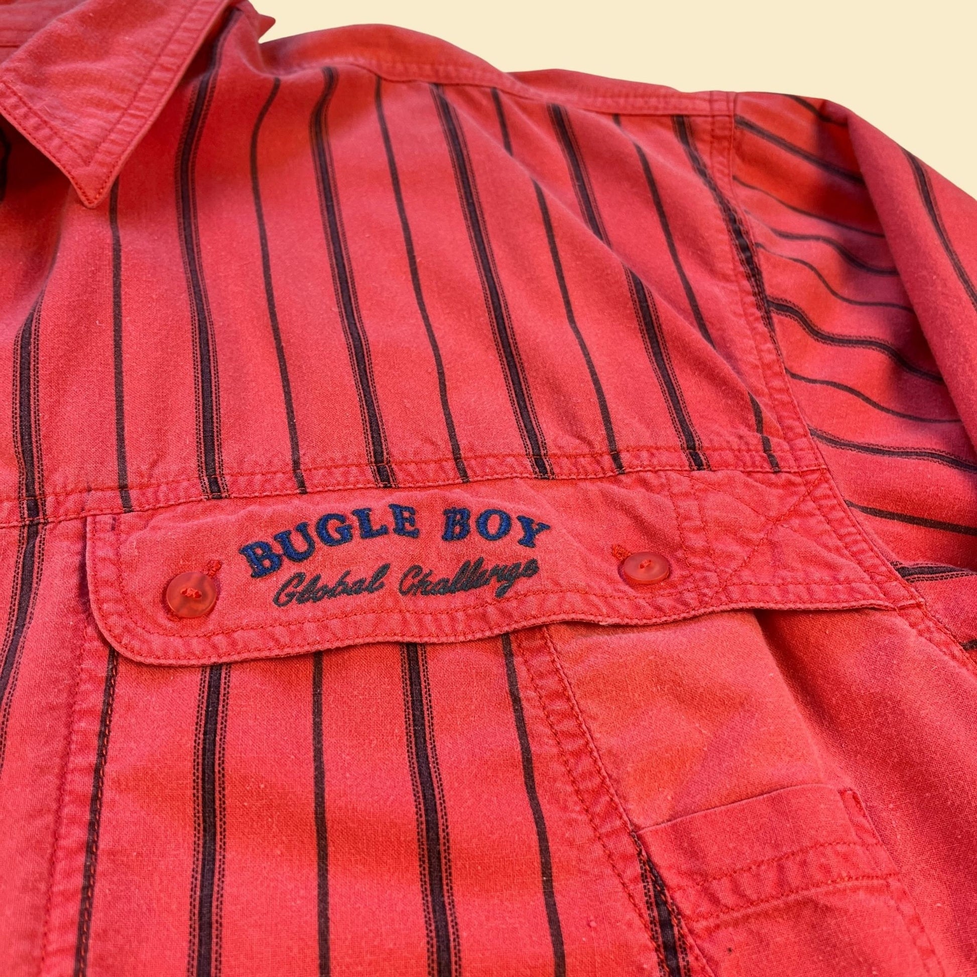 1990s Bugle Boy pink & blue men's shirt, size XL vintage 90s casual long sleeve cotton top