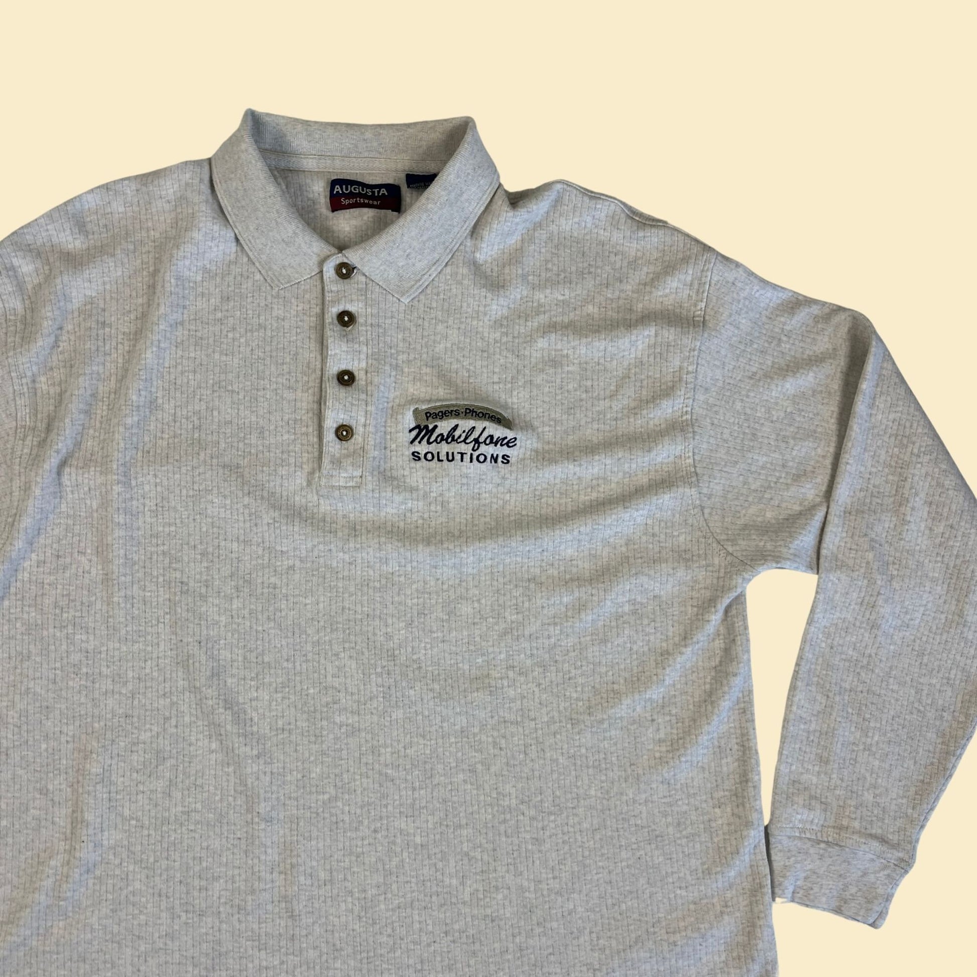 90s/Y2K polo shirt w/ Mobilfone Solutions & Pager logo, size XL vintage 1990s grey and blue men's polo