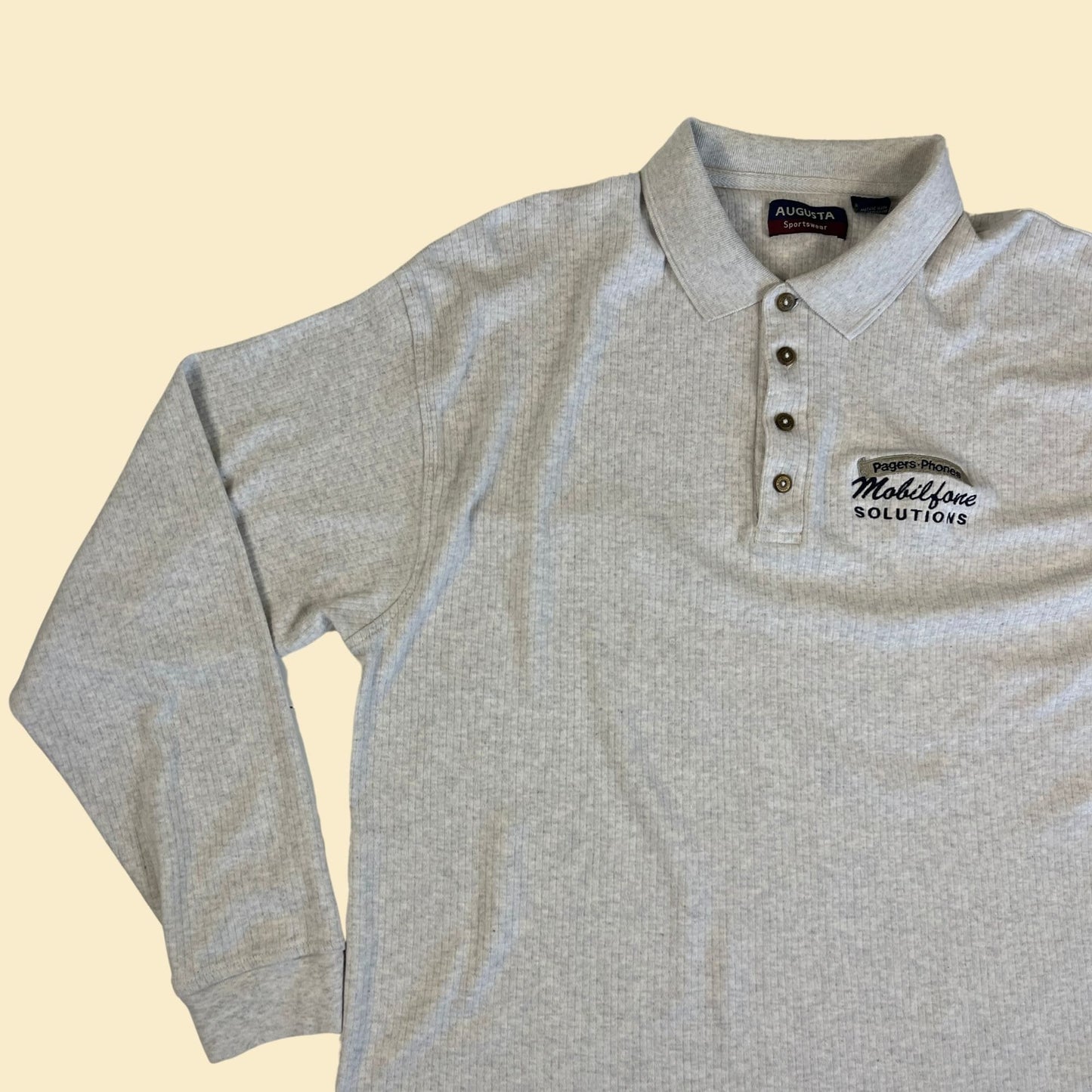 90s/Y2K polo shirt w/ Mobilfone Solutions & Pager logo, size XL vintage 1990s grey and blue men's polo