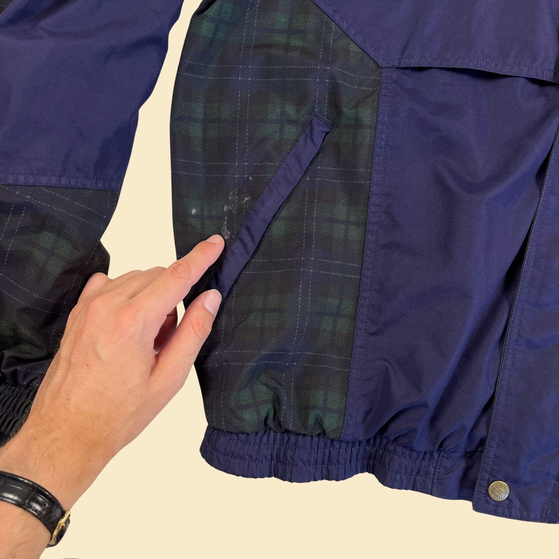 1990s plaid windbreaker jacket, vintage 90s size L blue & green plaid zip up lightweight jacket by Sun Mountain Sports