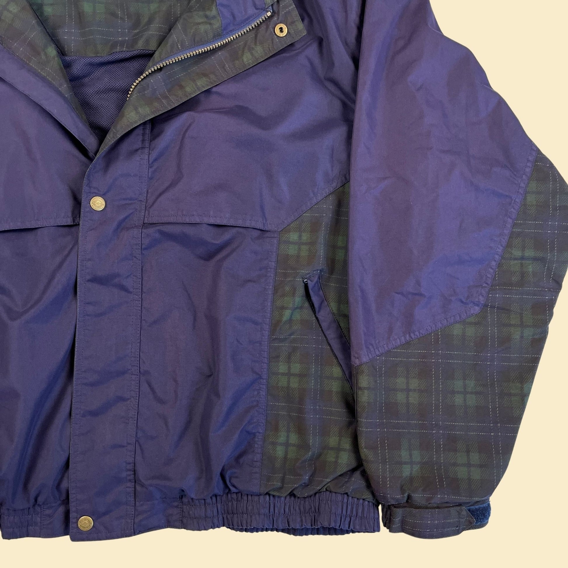 1990s plaid windbreaker jacket, vintage 90s size L blue & green plaid zip up lightweight jacket by Sun Mountain Sports