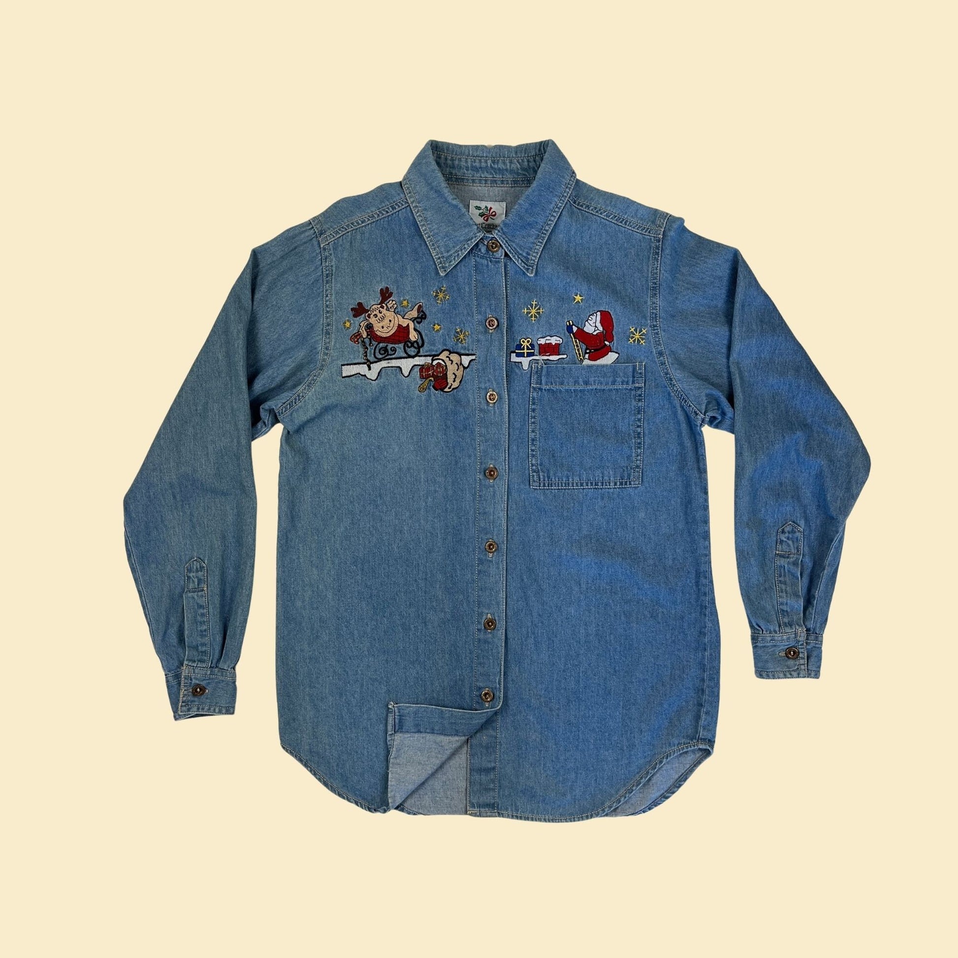 90s/Y2K Christmas denim/chambray button down shirt, vintage size S Santa & reindeers shirt