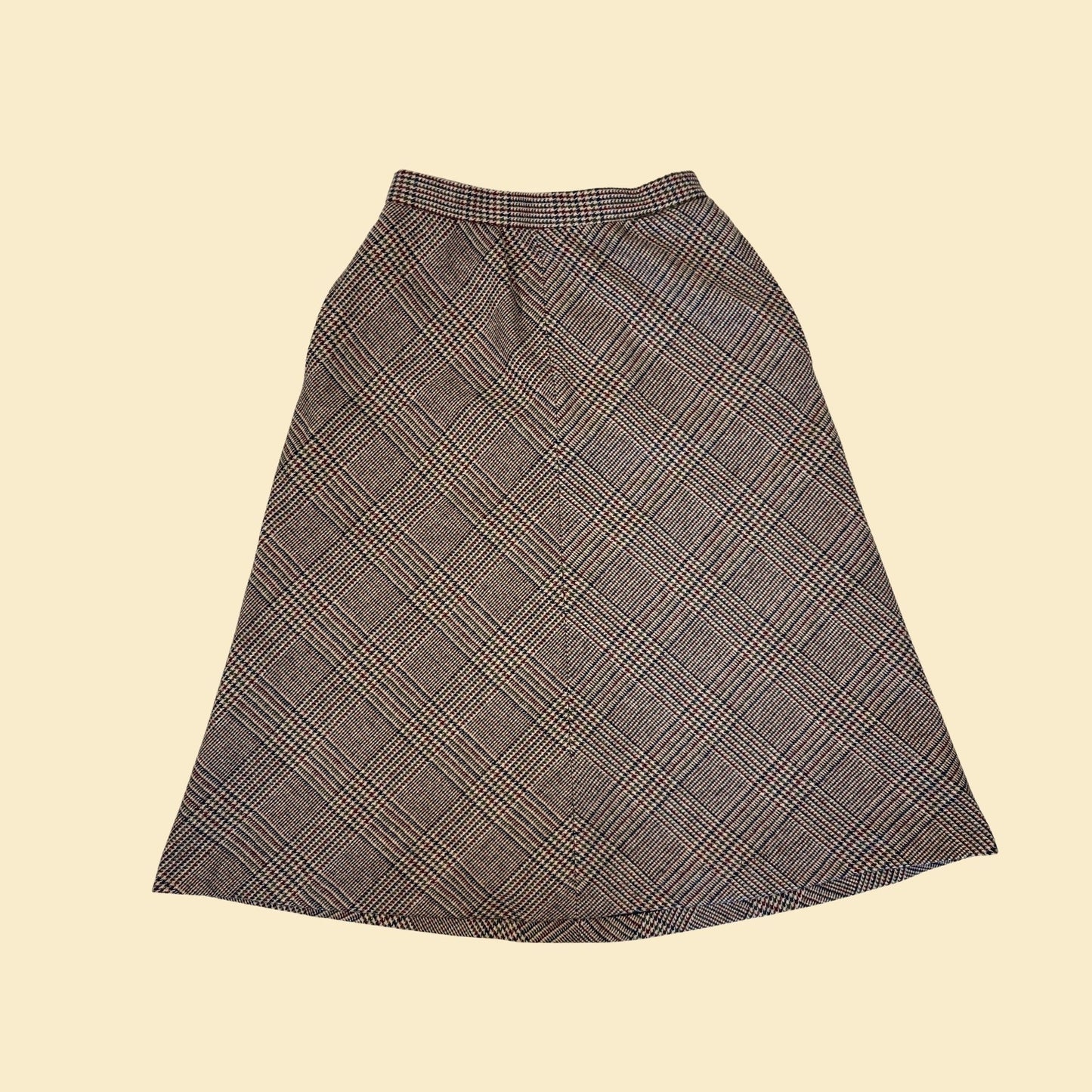 1980s wool midi skirt by The Villager, size 12 vintage 80s glen plaid brown & burgundy skirt