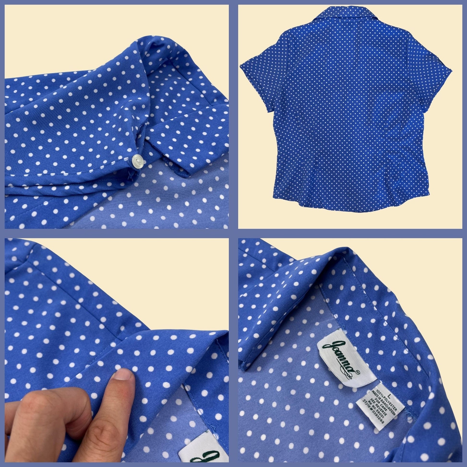 1980s polka-dot blouse by Joanna, size L blue & white vintage 80s/90s button down women's shirt