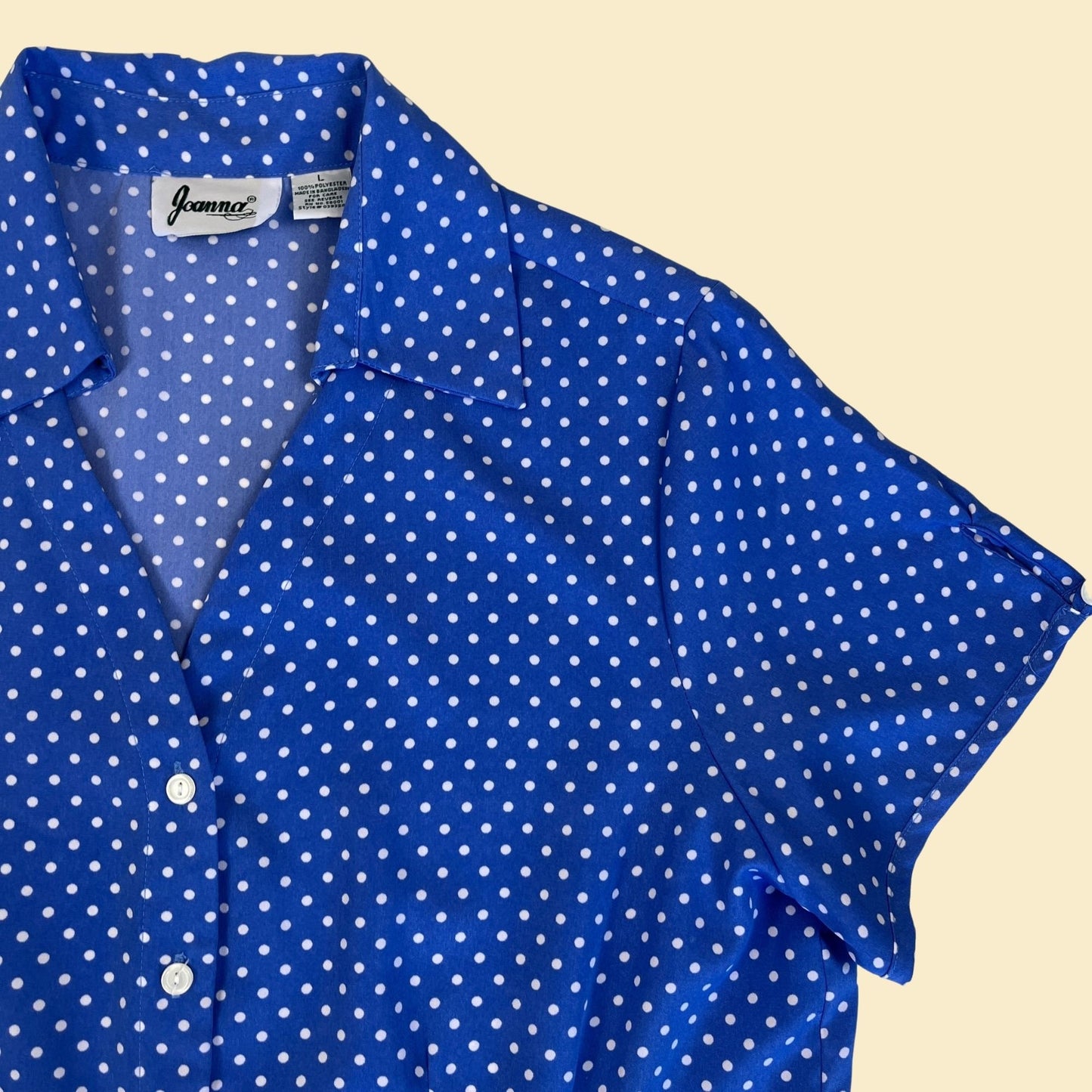 1980s polka-dot blouse by Joanna, size L blue & white vintage 80s/90s button down women's shirt