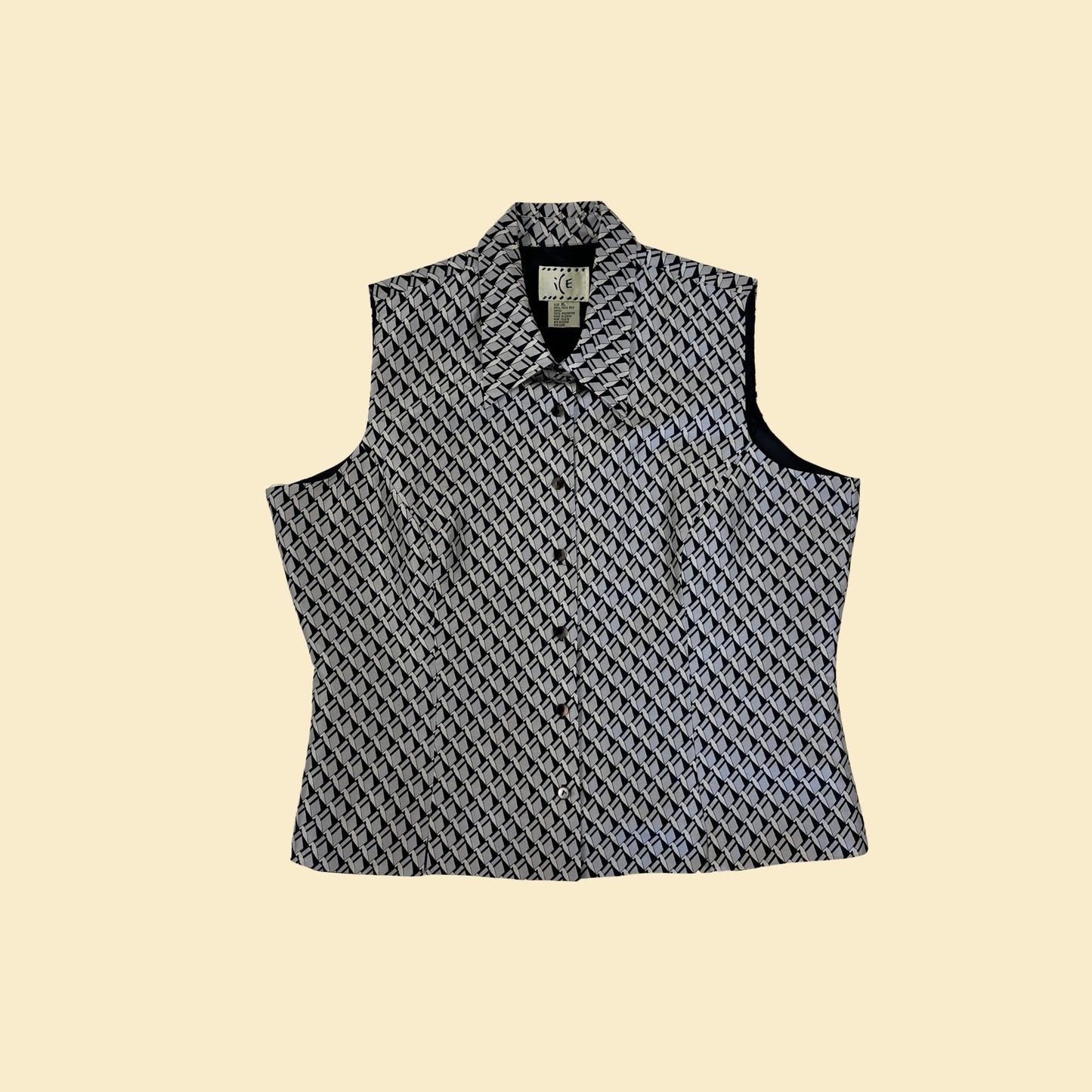 1990s optical illusion silk vest by Ice, vintage 90s black & grey geometric button down vest, size XL