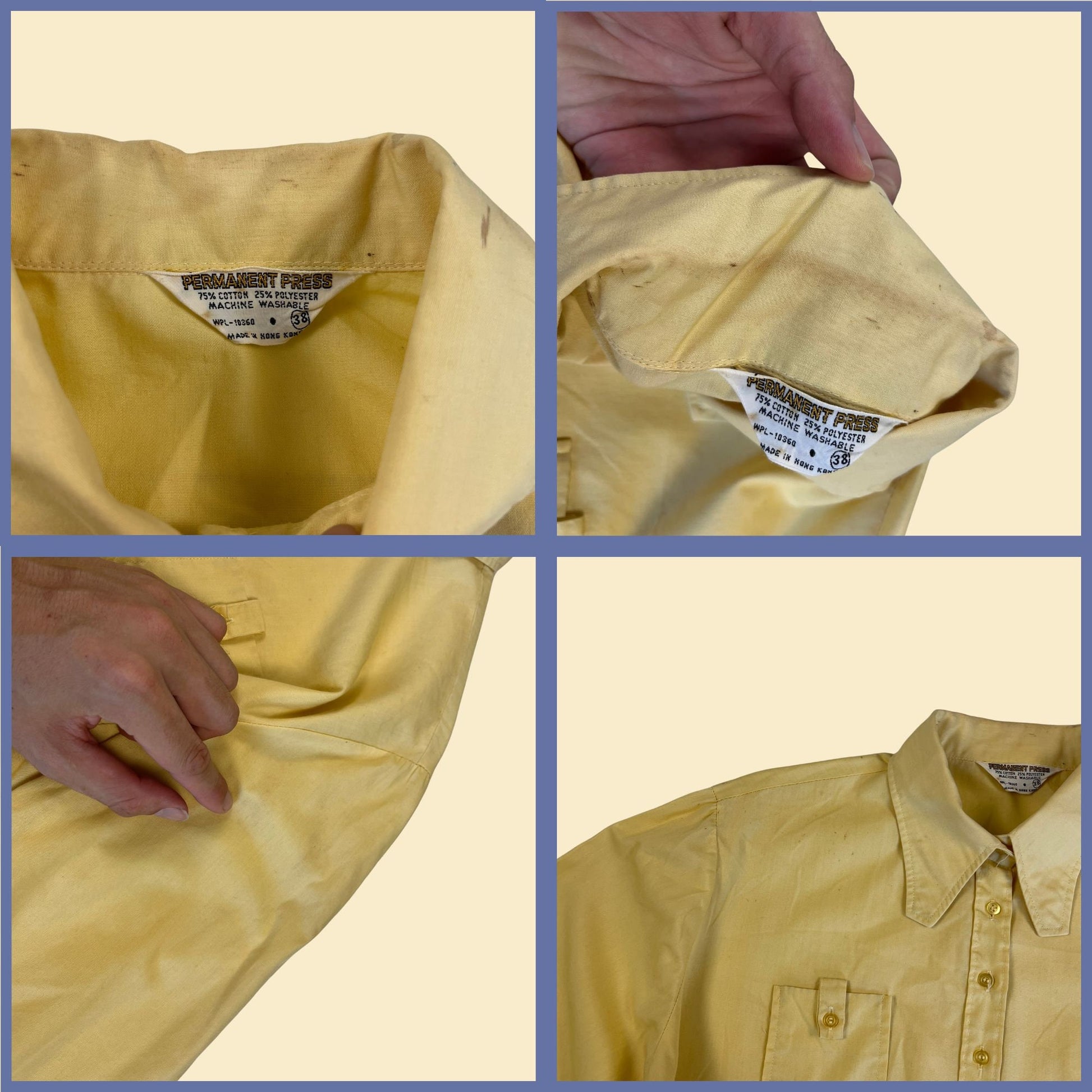 1970s yellow blouse, size 38 Permanent Pressed vintage 70s button down long sleeve top