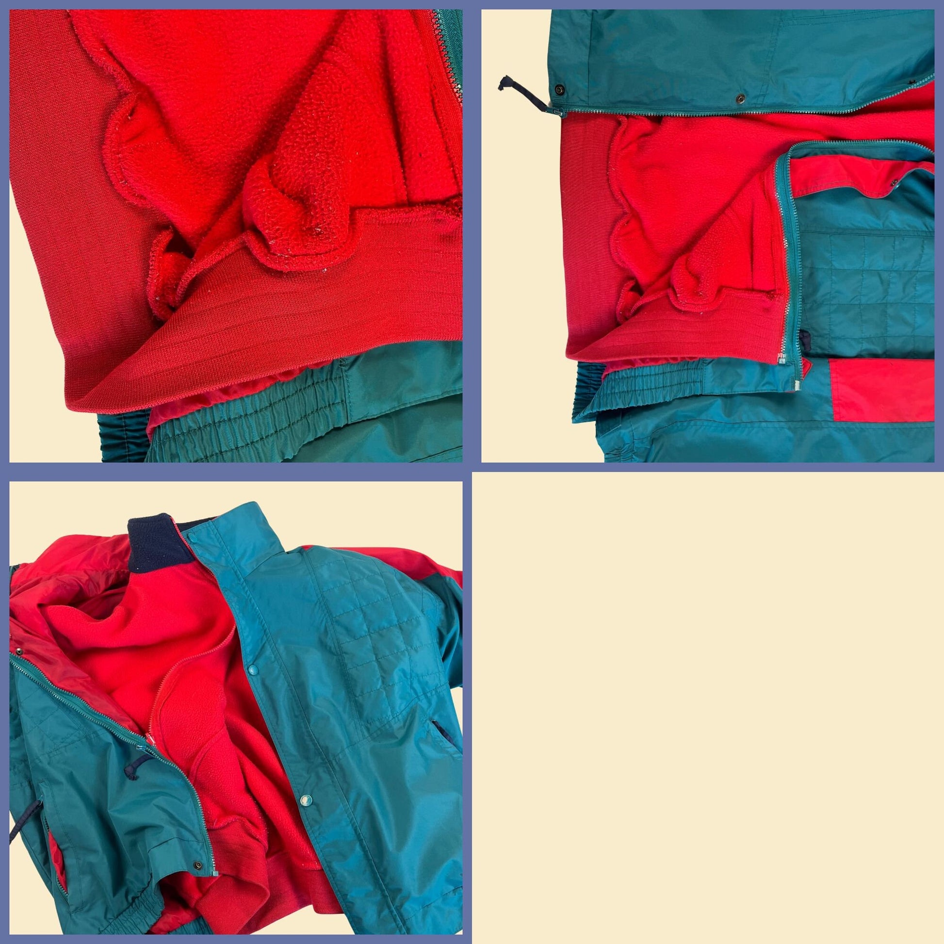 Vintage 80s/90s windbreaker & fleece jacket combo by St. Johns Bay, 1980s teal/red zip up 2-piece jacket