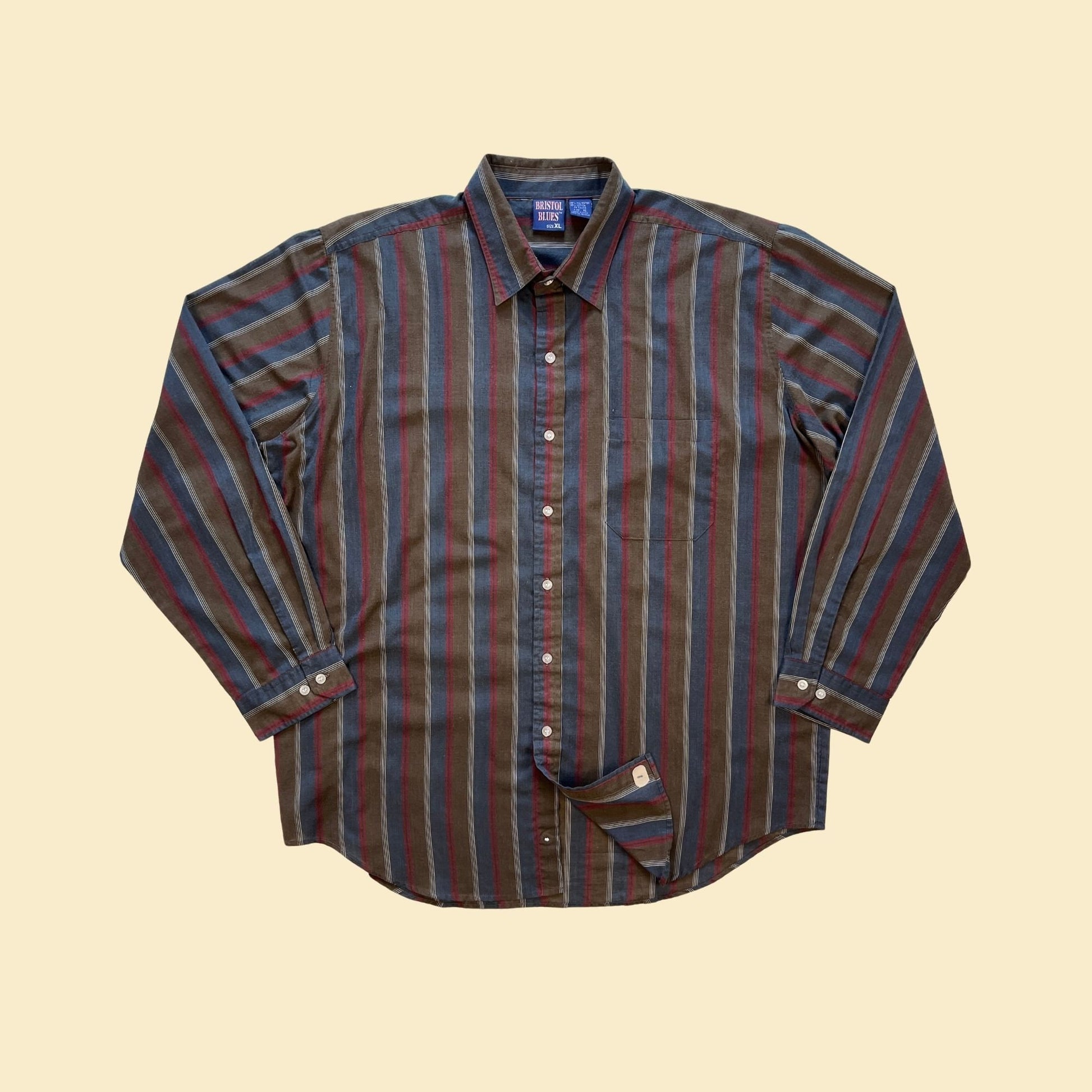 1990s XL men's striped shirt by Bristol Blues, vintage 90s long sleeve button down blue & burgundy casual top