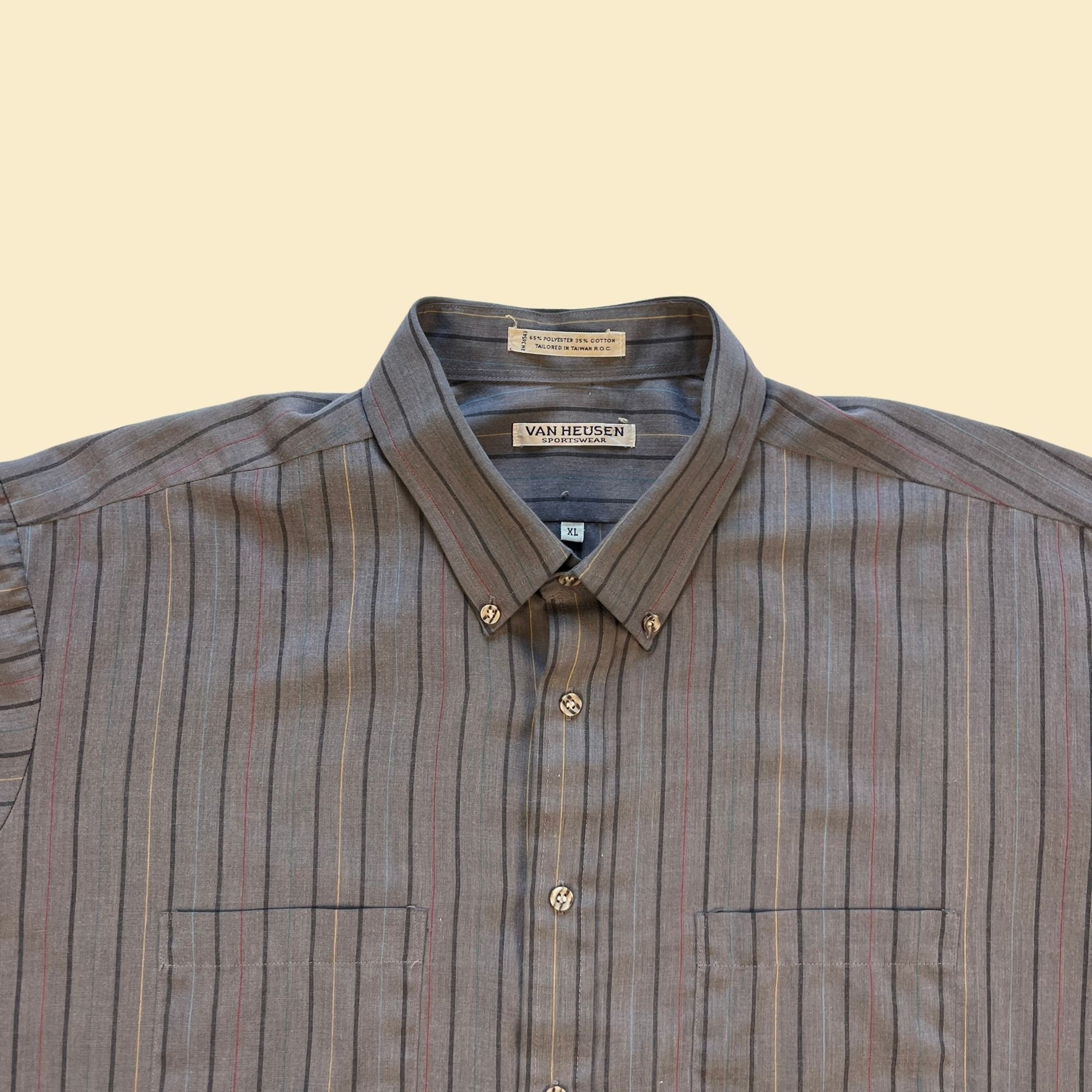 Vintage 90s Van Heusen button down shirt, size XL men's 1990s grey, purple & yellow striped casual top