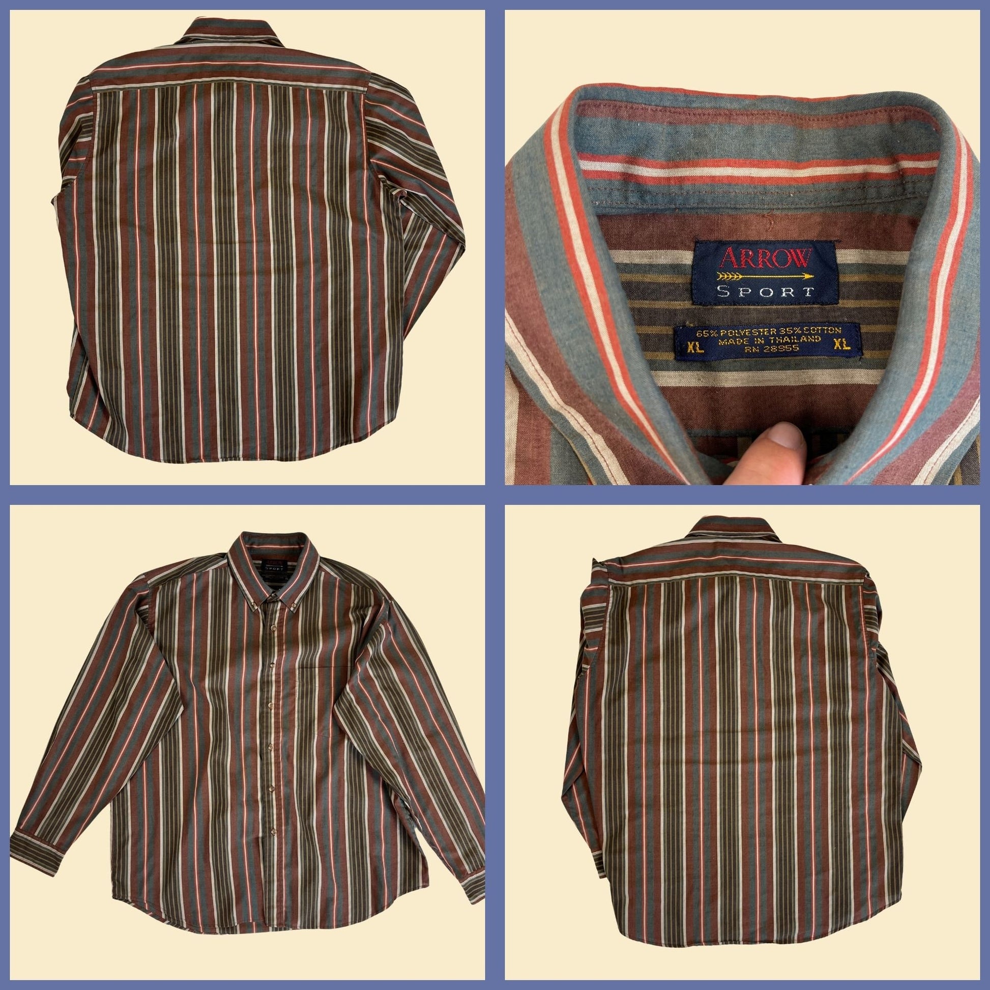 1990s Arrow men's XL button down, vintage 90s grey, blue & green striped casual shirt