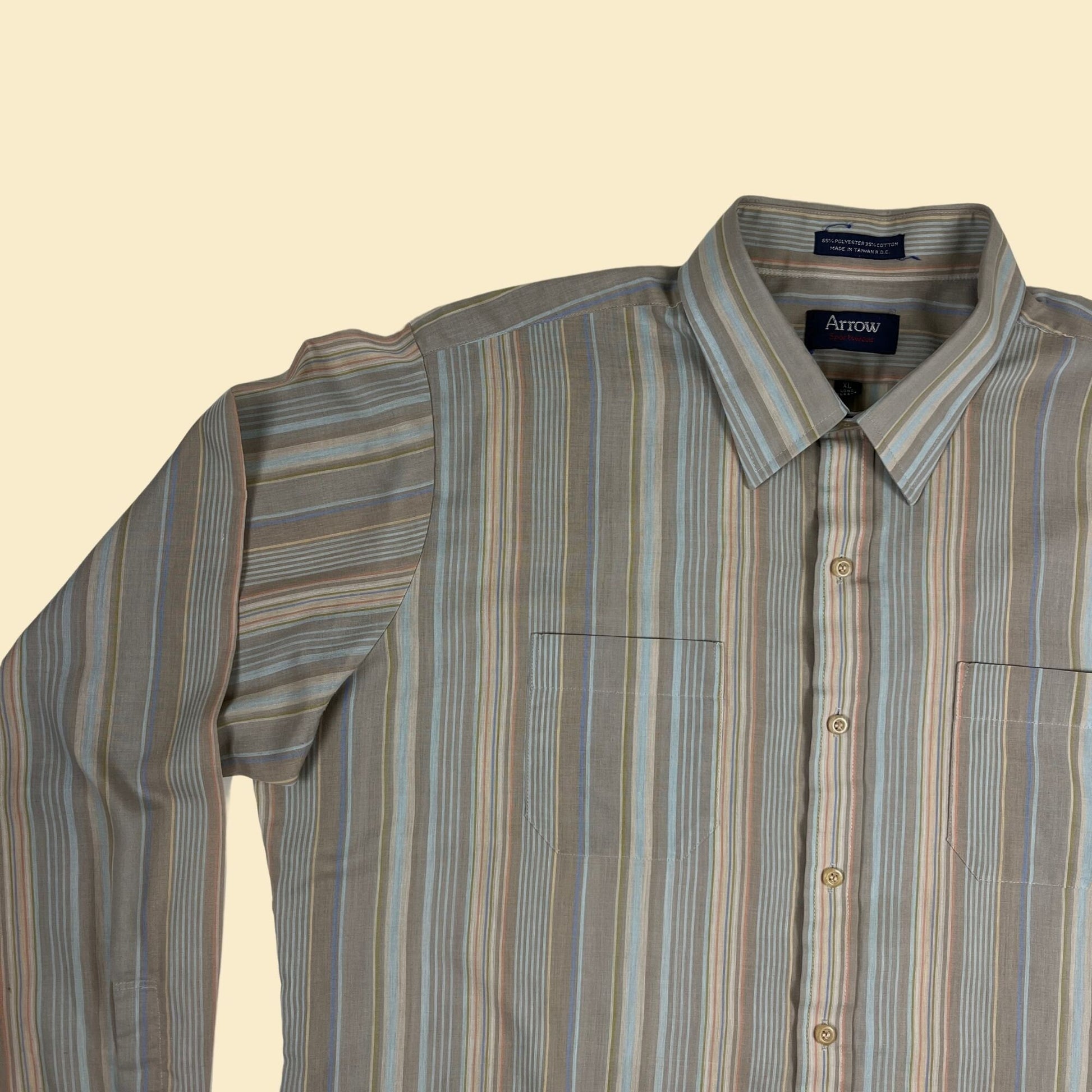 Vintage 80s XL men's button down striped shirt by Arrow Sportswear, 1980s men's blue & grey casual top