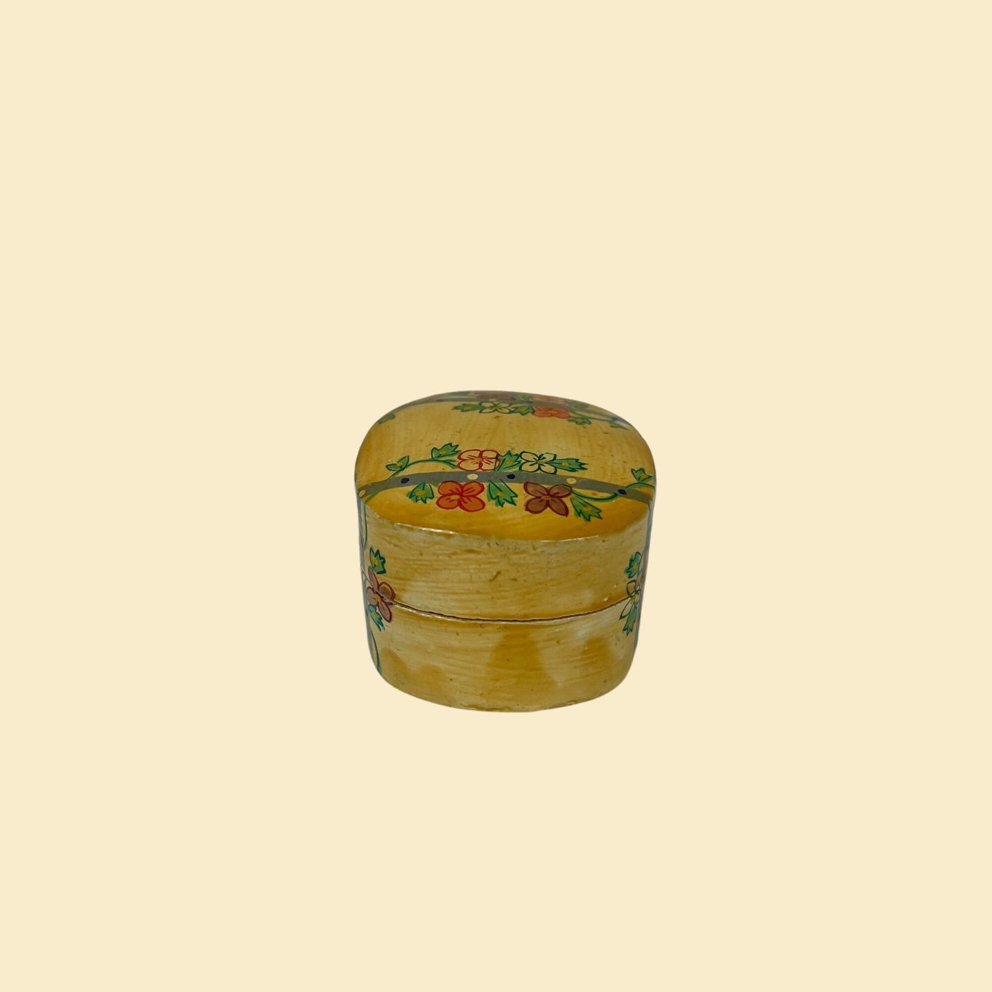 1970s yellow lacquer box w/ floral design, vintage 70s yellow, blue, green & red small lacquerware container