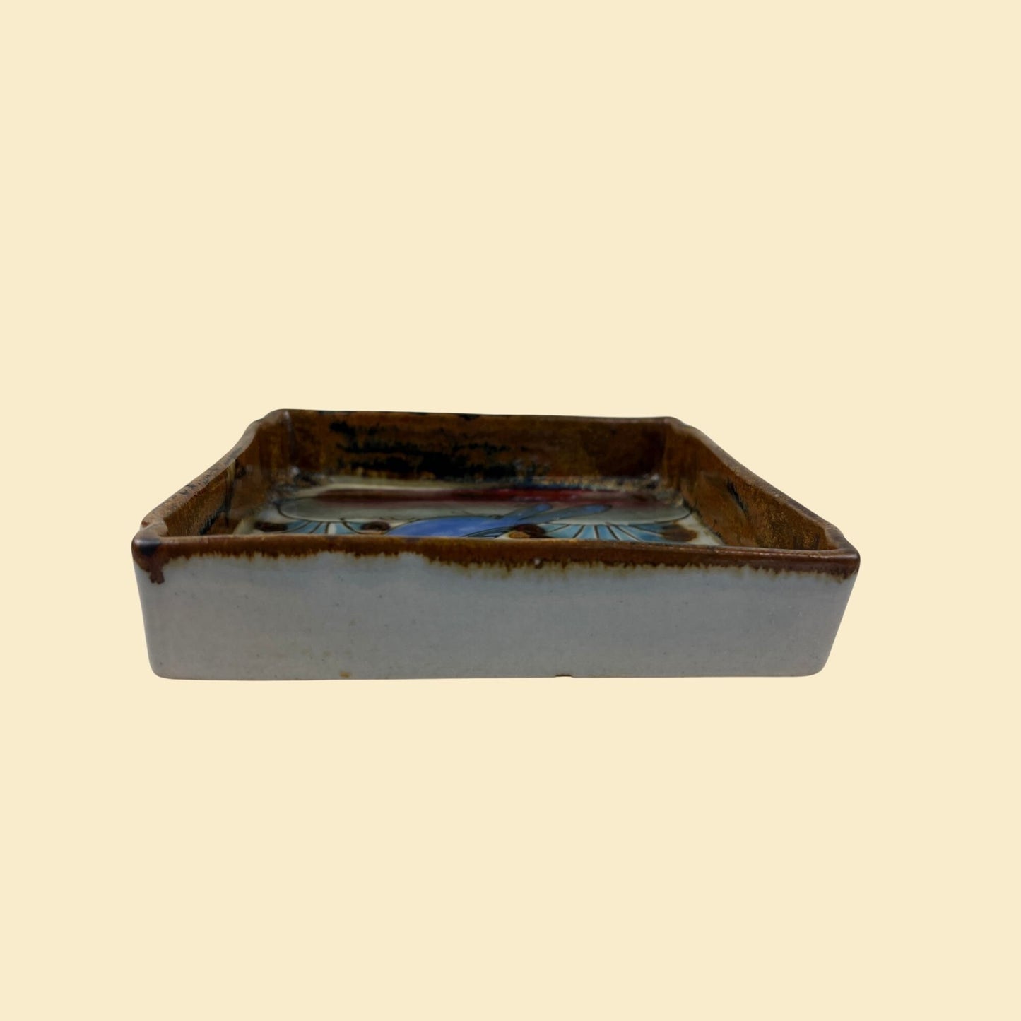 1970s Ken Edwards bird dish, vintage 70s rectangular ceramic catch all dish w/ blue bird design