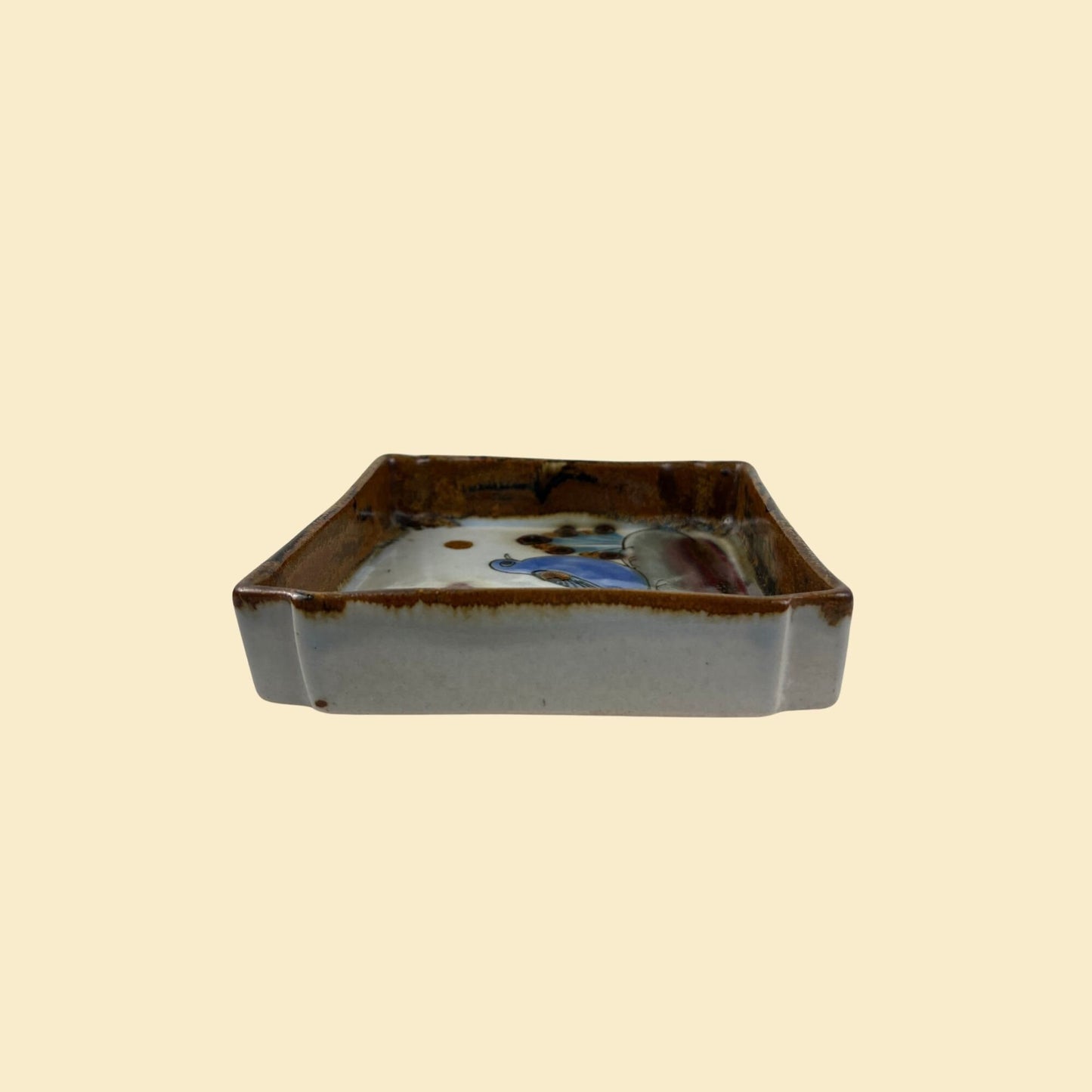 1970s Ken Edwards bird dish, vintage 70s rectangular ceramic catch all dish w/ blue bird design