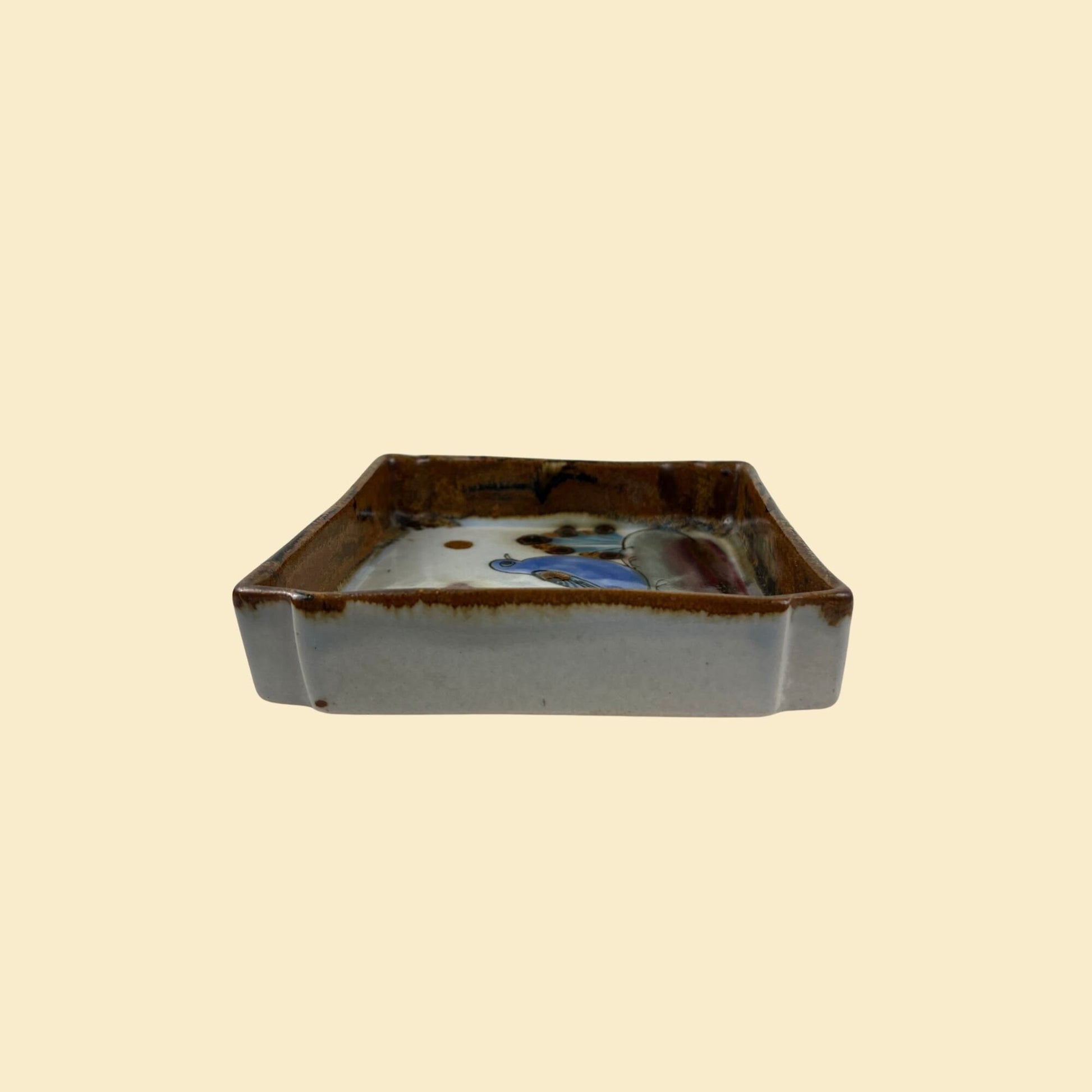 1970s Ken Edwards bird dish, vintage 70s rectangular ceramic catch all dish w/ blue bird design