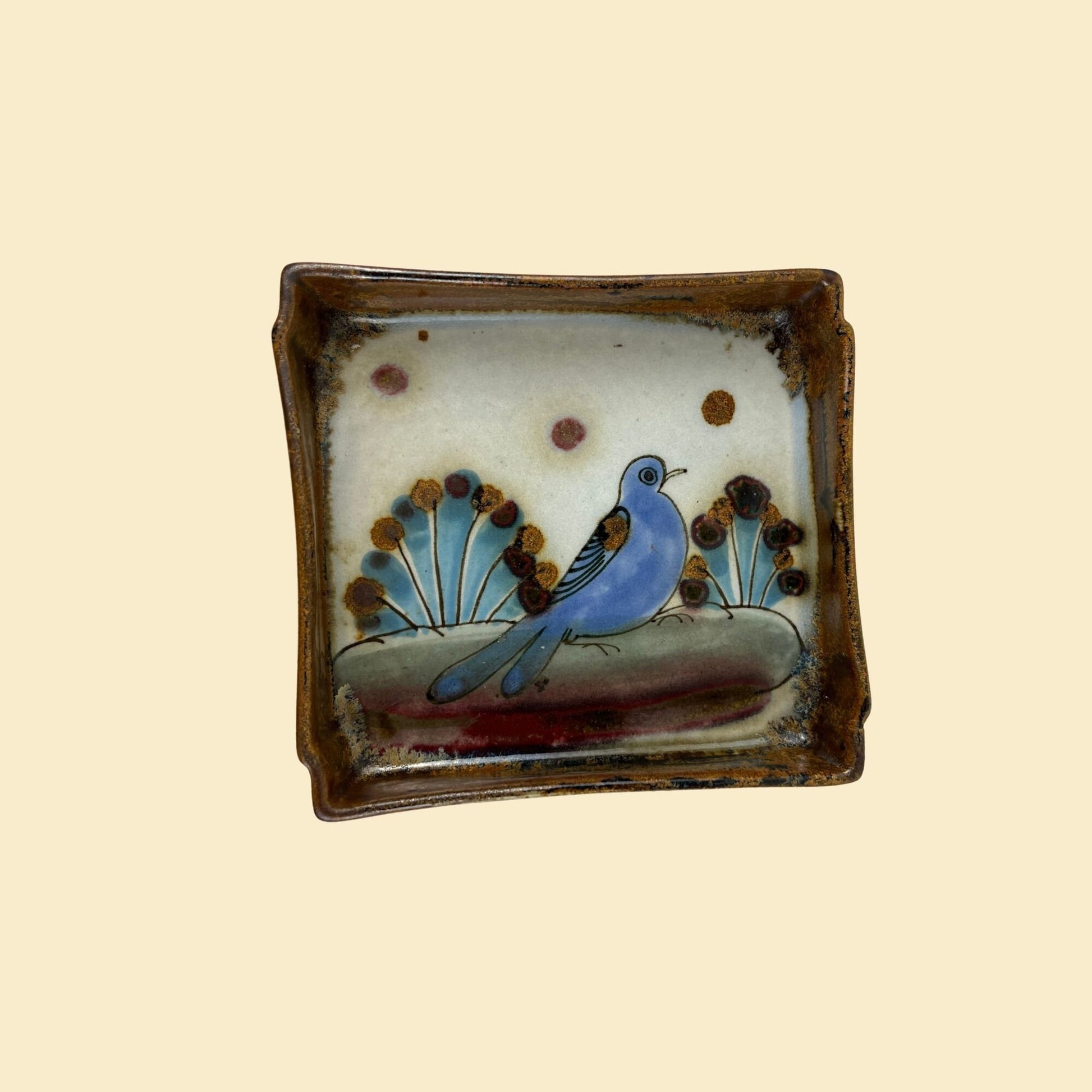 1970s Ken Edwards bird dish, vintage 70s rectangular ceramic catch all dish w/ blue bird design