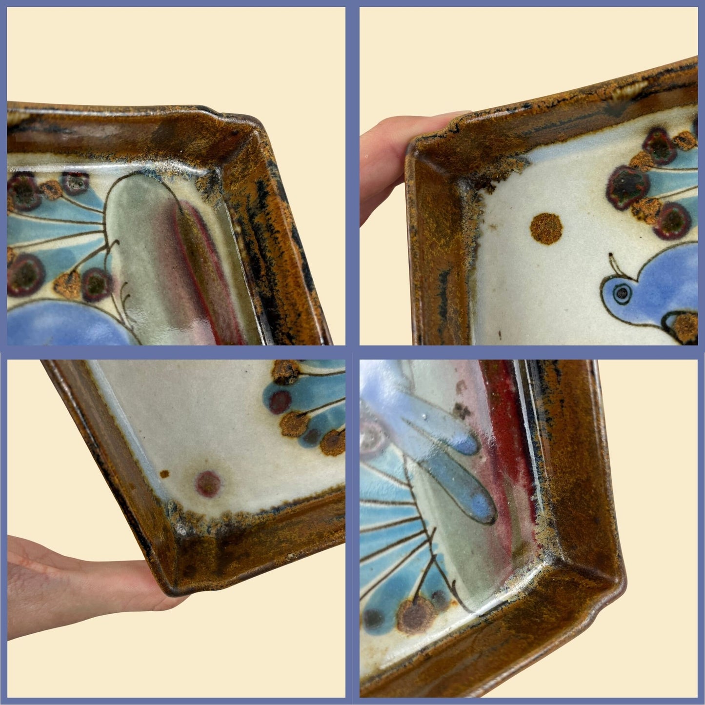 1970s Ken Edwards bird dish, vintage 70s rectangular ceramic catch all dish w/ blue bird design