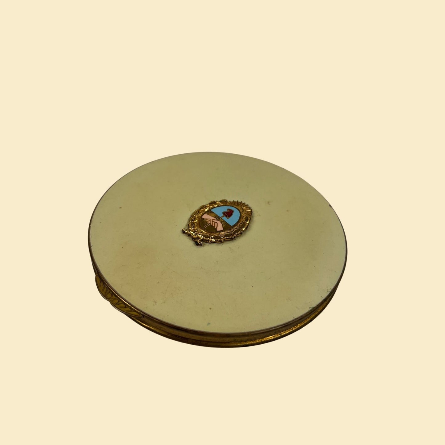 1930s Stratton of England powder compact, white & brass-toned vintage 30s circular make-up compact