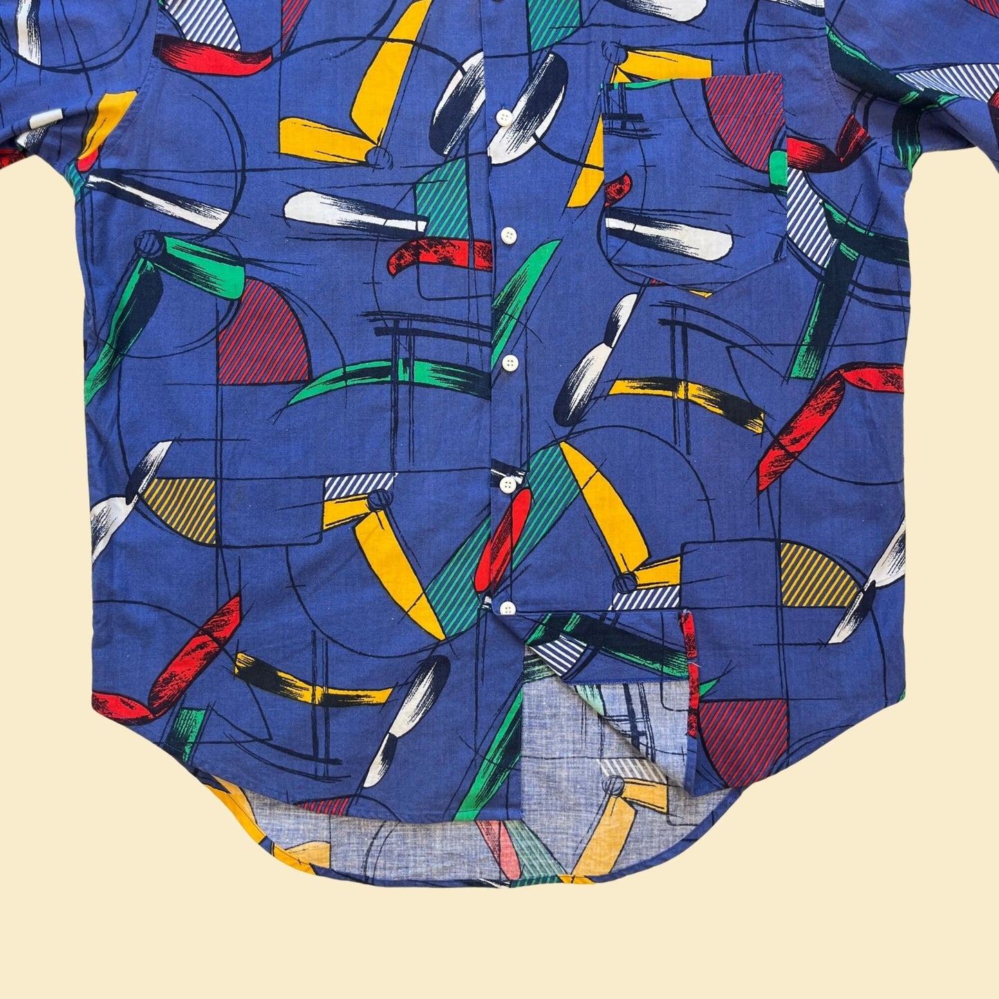 1990s abstract men's shirt, size M vintage 90s blue, red & green geometric short sleeve top