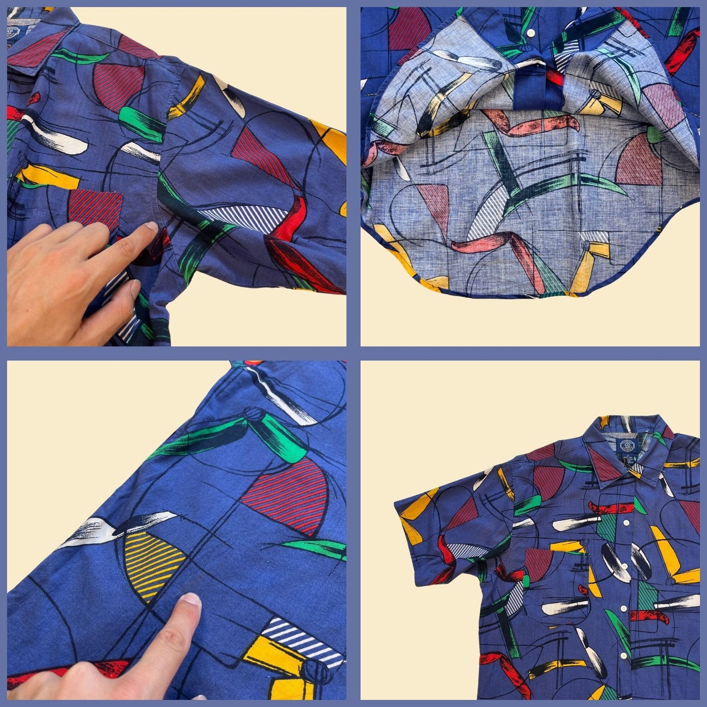 1990s abstract men's shirt, size M vintage 90s blue, red & green geometric short sleeve top